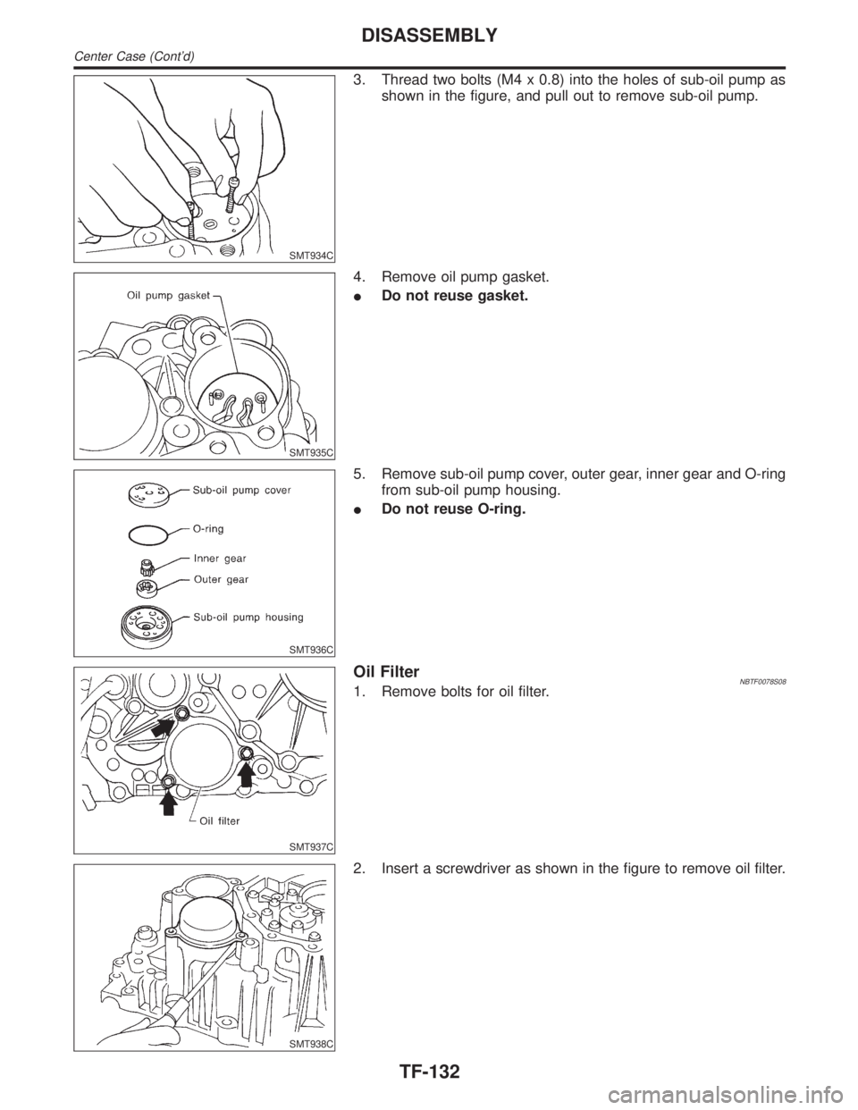 INFINITI QX4 2001  Factory Service Manual SMT934C
3. Thread two bolts (M4 x 0.8) into the holes of sub-oil pump as
shown in the figure, and pull out to remove sub-oil pump.
SMT935C
4. Remove oil pump gasket.
IDo not reuse gasket.
SMT936C
5. R