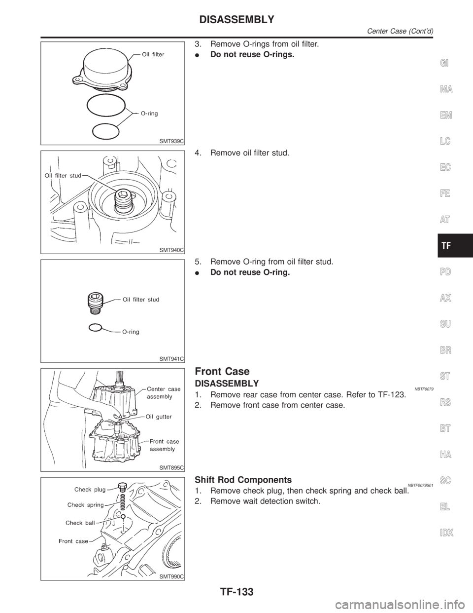 INFINITI QX4 2001  Factory Service Manual SMT939C
3. Remove O-rings from oil filter.
IDo not reuse O-rings.
SMT940C
4. Remove oil filter stud.
SMT941C
5. Remove O-ring from oil filter stud.
IDo not reuse O-ring.
SMT895C
Front Case
DISASSEMBLY
