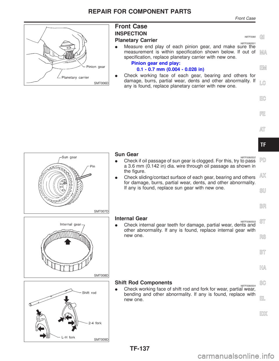 INFINITI QX4 2001 Factory Service Manual SMT006D
Front Case
INSPECTIONNBTF0080Planetary CarrierNBTF0080S01IMeasure end play of each pinion gear, and make sure the
measurement is within specification shown below. If out of
specification, repl INFINITI QX4 2001 Factory Service Manual SMT006D
Front Case
INSPECTIONNBTF0080Planetary CarrierNBTF0080S01IMeasure end play of each pinion gear, and make sure the
measurement is within specification shown below. If out of
specification, repl