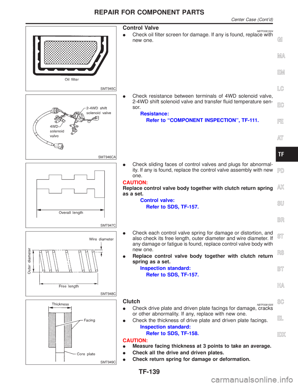 INFINITI QX4 2001 Factory Service Manual SMT945C
Control ValveNBTF0081S04ICheck oil filter screen for damage. If any is found, replace with
new one.
SMT946CA
ICheck resistance between terminals of 4WD solenoid valve,
2-4WD shift solenoid val INFINITI QX4 2001 Factory Service Manual SMT945C
Control ValveNBTF0081S04ICheck oil filter screen for damage. If any is found, replace with
new one.
SMT946CA
ICheck resistance between terminals of 4WD solenoid valve,
2-4WD shift solenoid val