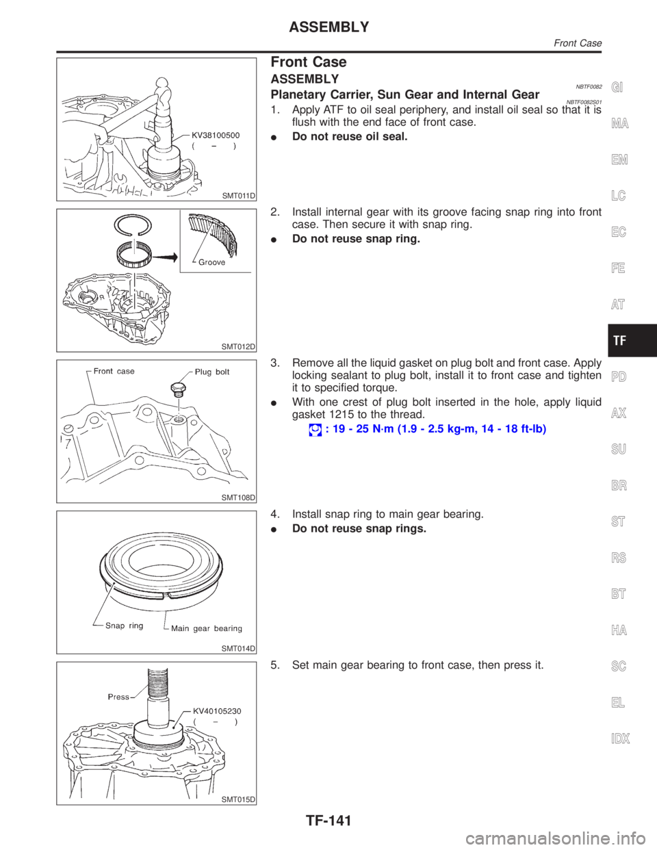 INFINITI QX4 2001  Factory Service Manual SMT011D
Front Case
ASSEMBLYNBTF0082Planetary Carrier, Sun Gear and Internal GearNBTF0082S011. Apply ATF to oil seal periphery, and install oil seal so that it is
flush with the end face of front case.
