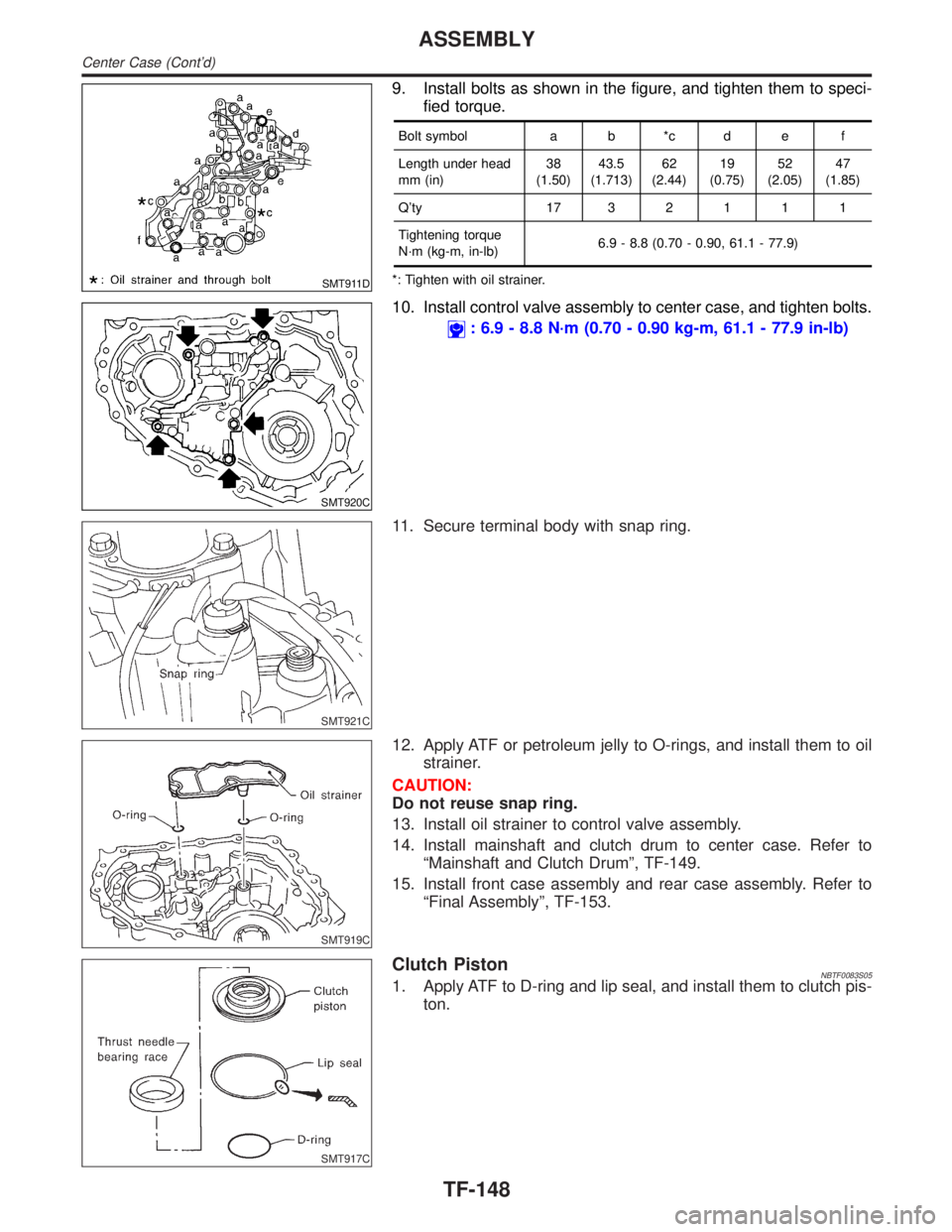 INFINITI QX4 2001 Factory Service Manual SMT911D
9. Install bolts as shown in the figure, and tighten them to speci-
fied torque.
Bolt symbol a b *c d e f
Length under head
mm (in)38
(1.50)43.5
(1.713)62
(2.44)19
(0.75)52
(2.05)47
(1.85)
Qt INFINITI QX4 2001 Factory Service Manual SMT911D
9. Install bolts as shown in the figure, and tighten them to speci-
fied torque.
Bolt symbol a b *c d e f
Length under head
mm (in)38
(1.50)43.5
(1.713)62
(2.44)19
(0.75)52
(2.05)47
(1.85)
Qt