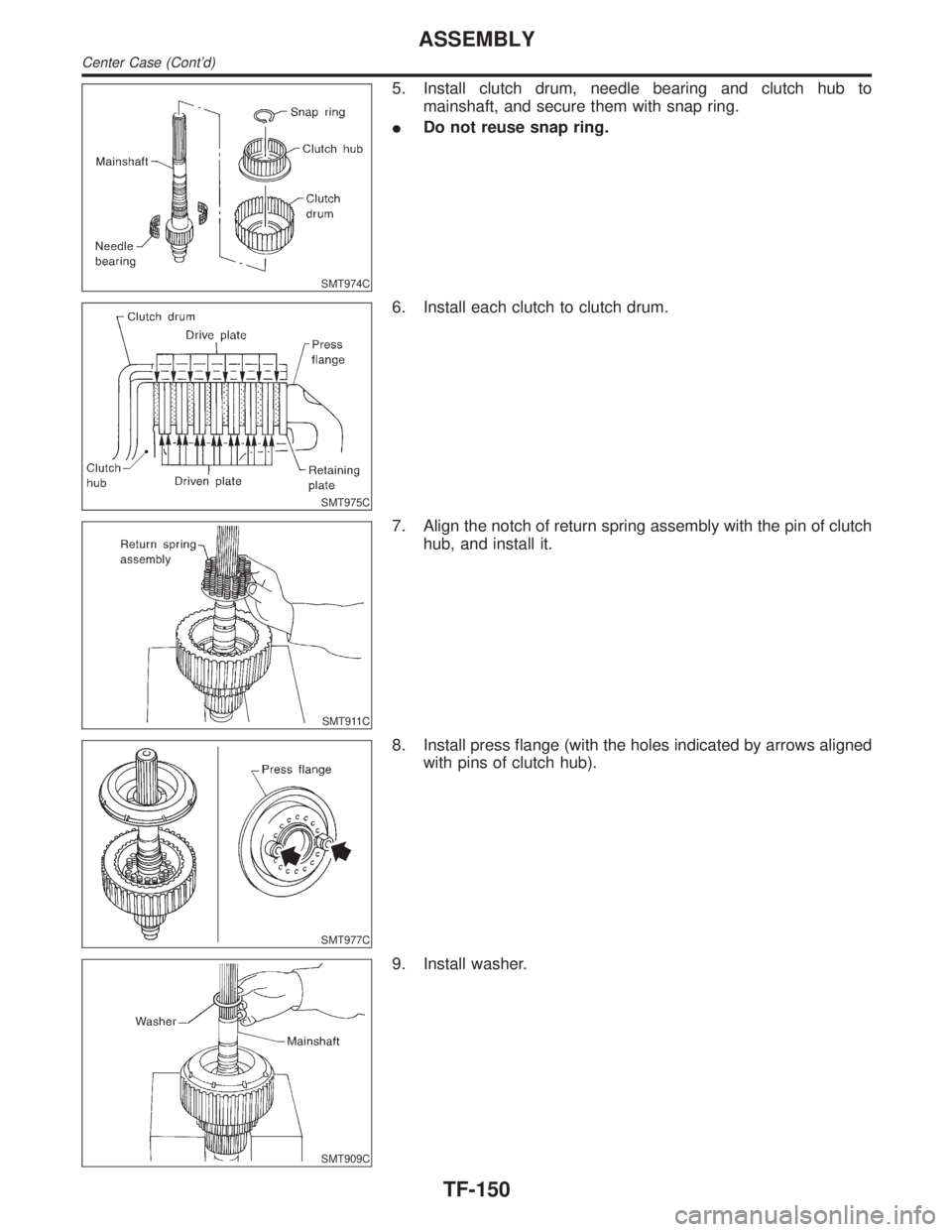 INFINITI QX4 2001  Factory Service Manual SMT974C
5. Install clutch drum, needle bearing and clutch hub to
mainshaft, and secure them with snap ring.
IDo not reuse snap ring.
SMT975C
6. Install each clutch to clutch drum.
SMT911C
7. Align the