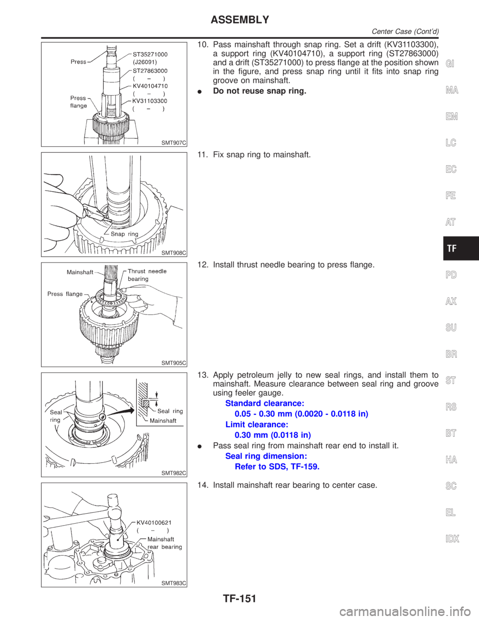 INFINITI QX4 2001  Factory Service Manual SMT907C
10. Pass mainshaft through snap ring. Set a drift (KV31103300),
a support ring (KV40104710), a support ring (ST27863000)
and a drift (ST35271000) to press flange at the position shown
in the f