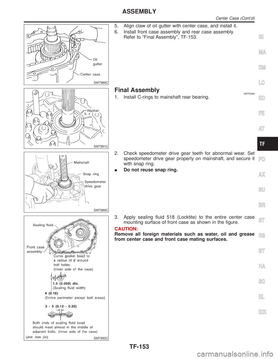 INFINITI QX4 2001  Factory Service Manual SMT989C
5. Align claw of oil gutter with center case, and install it.
6. Install front case assembly and rear case assembly.
Refer to ªFinal Assemblyº, TF-153.
SMT891C
Final AssemblyNBTF00841. Insta