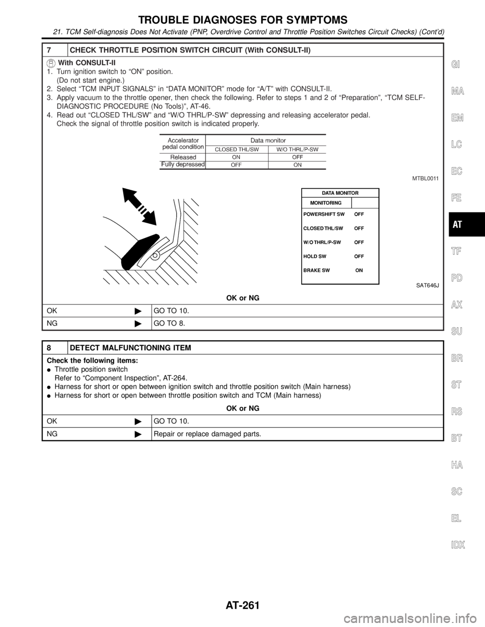INFINITI QX4 2001 Factory Service Manual 7 CHECK THROTTLE POSITION SWITCH CIRCUIT (With CONSULT-II)
With CONSULT-II
1. Turn ignition switch to ªONº position.
(Do not start engine.)
2. Select ªTCM INPUT SIGNALSº in ªDATA MONITORº mode f INFINITI QX4 2001 Factory Service Manual 7 CHECK THROTTLE POSITION SWITCH CIRCUIT (With CONSULT-II)
With CONSULT-II
1. Turn ignition switch to ªONº position.
(Do not start engine.)
2. Select ªTCM INPUT SIGNALSº in ªDATA MONITORº mode f