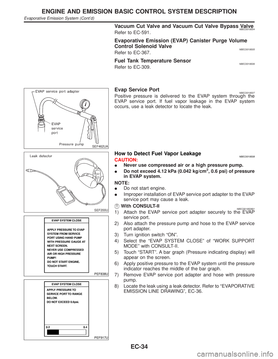 INFINITI QX4 2001 Factory Service Manual Vacuum Cut Valve and Vacuum Cut Valve Bypass ValveNBEC0019S04Refer to EC-591.
Evaporative Emission (EVAP) Canister Purge Volume
Control Solenoid Valve
NBEC0019S05Refer to EC-367.
Fuel Tank Temperature INFINITI QX4 2001 Factory Service Manual Vacuum Cut Valve and Vacuum Cut Valve Bypass ValveNBEC0019S04Refer to EC-591.
Evaporative Emission (EVAP) Canister Purge Volume
Control Solenoid Valve
NBEC0019S05Refer to EC-367.
Fuel Tank Temperature