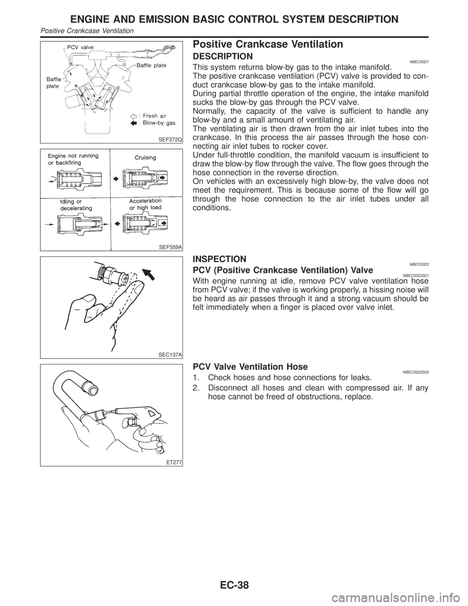INFINITI QX4 2001 Factory Service Manual SEF372Q
SEF559A
Positive Crankcase Ventilation
DESCRIPTIONNBEC0021This system returns blow-by gas to the intake manifold.
The positive crankcase ventilation (PCV) valve is provided to con-
duct crankc INFINITI QX4 2001 Factory Service Manual SEF372Q
SEF559A
Positive Crankcase Ventilation
DESCRIPTIONNBEC0021This system returns blow-by gas to the intake manifold.
The positive crankcase ventilation (PCV) valve is provided to con-
duct crankc