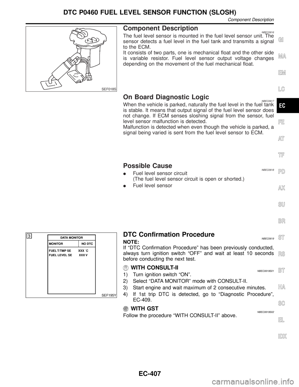 INFINITI QX4 2001 Factory Service Manual SEF018S
Component DescriptionNBEC0616The fuel level sensor is mounted in the fuel level sensor unit. The
sensor detects a fuel level in the fuel tank and transmits a signal
to the ECM.
It consists of INFINITI QX4 2001 Factory Service Manual SEF018S
Component DescriptionNBEC0616The fuel level sensor is mounted in the fuel level sensor unit. The
sensor detects a fuel level in the fuel tank and transmits a signal
to the ECM.
It consists of