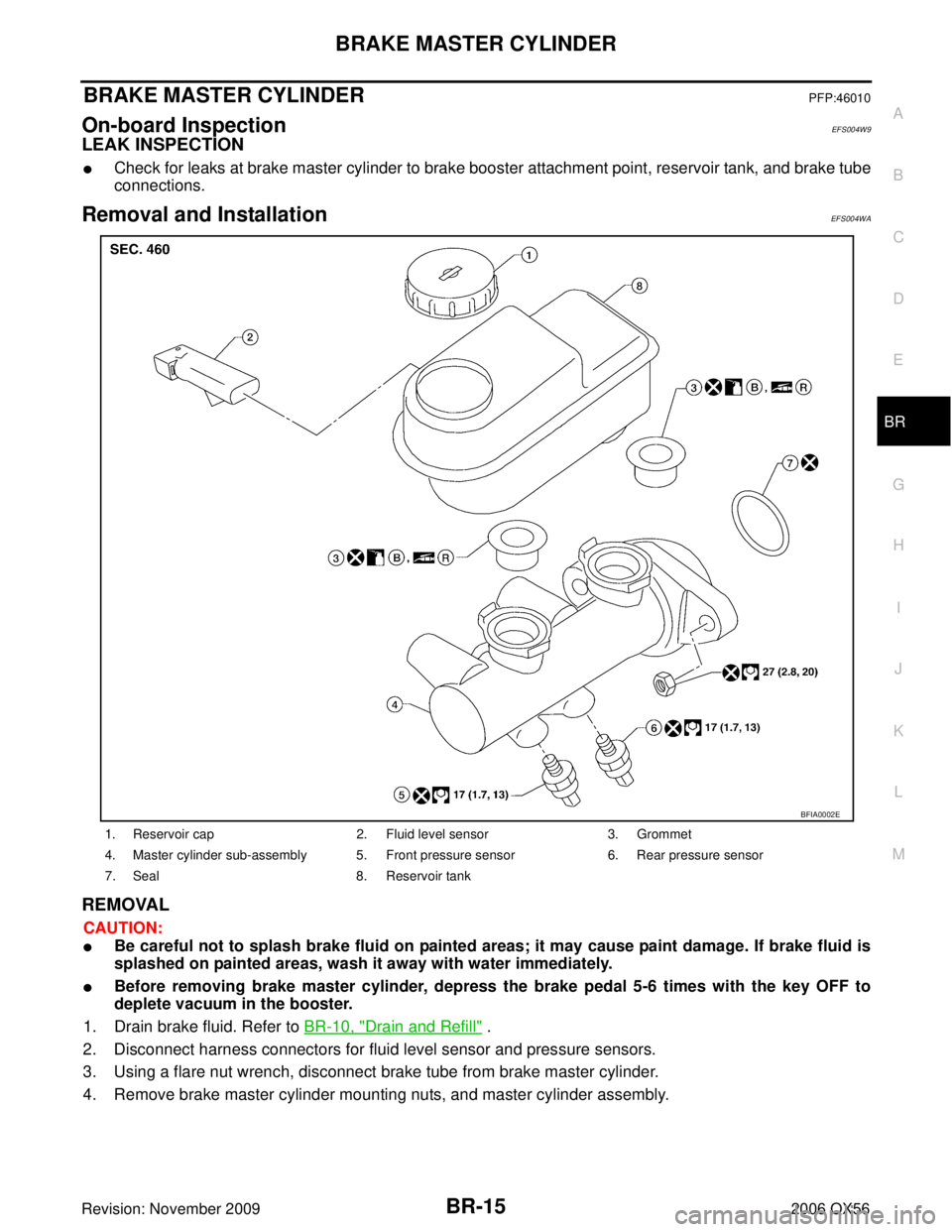 INFINITI QX56 2006 Factory Service Manual BRAKE MASTER CYLINDERBR-15
C
DE
G H
I
J
K L
M A
B
BR
Revision: November 2009 2006 QX56
BRAKE MASTER CYLINDERPFP:46010
On-board InspectionEFS004W9
LEAK INSPECTION
Check for leaks at brake master cylin INFINITI QX56 2006 Factory Service Manual BRAKE MASTER CYLINDERBR-15
C
DE
G H
I
J
K L
M A
B
BR
Revision: November 2009 2006 QX56
BRAKE MASTER CYLINDERPFP:46010
On-board InspectionEFS004W9
LEAK INSPECTION
Check for leaks at brake master cylin