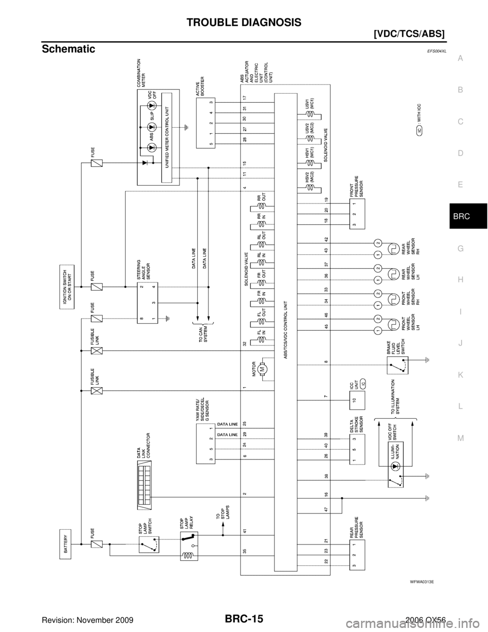 INFINITI QX56 2006  Factory Service Manual TROUBLE DIAGNOSISBRC-15
[VDC/TCS/ABS]
C
DE
G H
I
J
K L
M A
B
BRC
Revision: November 2009 2006 QX56
SchematicEFS004XL
WFWA0313E 