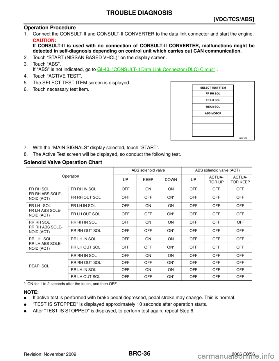 INFINITI QX56 2006  Factory Service Manual BRC-36
[VDC/TCS/ABS]
TROUBLE DIAGNOSIS
Revision: November 20092006 QX56
Operation Procedure
1. Connect the CONSULT-II and CONSULT-II CONVERTER to the data link connector and start the engine.
CAUTION: