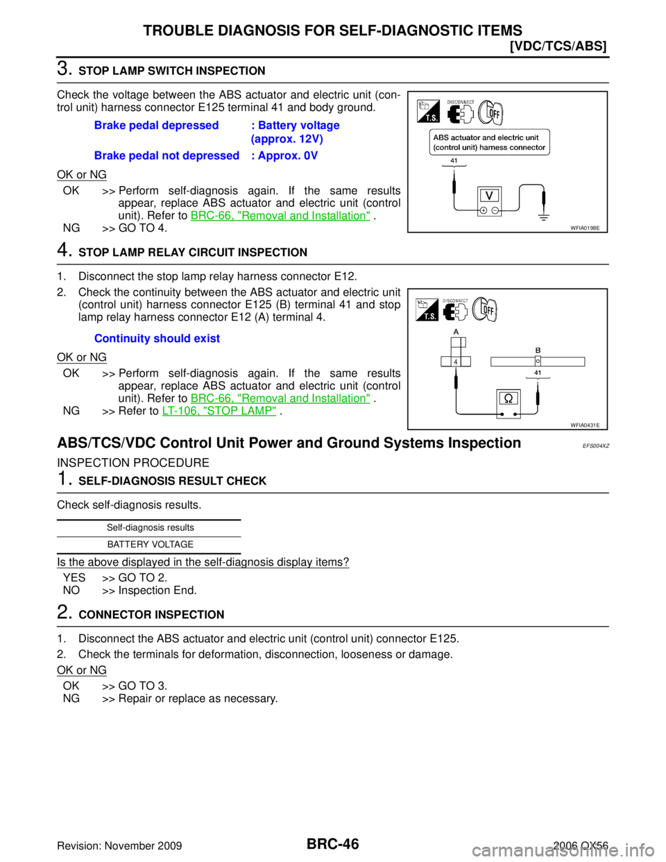 INFINITI QX56 2006  Factory Service Manual BRC-46
[VDC/TCS/ABS]
TROUBLE DIAGNOSIS FOR SELF-DIAGNOSTIC ITEMS
Revision: November 20092006 QX56
3. STOP LAMP SWITCH INSPECTION
Check the voltage between the ABS actuator and electric unit (con-
trol