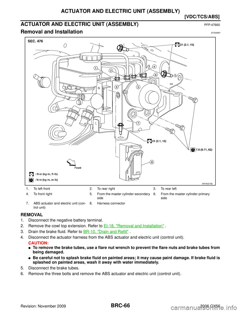 INFINITI QX56 2006  Factory Service Manual BRC-66
[VDC/TCS/ABS]
ACTUATOR AND ELECTRIC UNIT (ASSEMBLY)
Revision: November 20092006 QX56
ACTUATOR AND ELECTRIC UNIT (ASSEMBLY)PFP:47660
Removal and InstallationEFS0068F
REMOVAL
1. Disconnect the ne