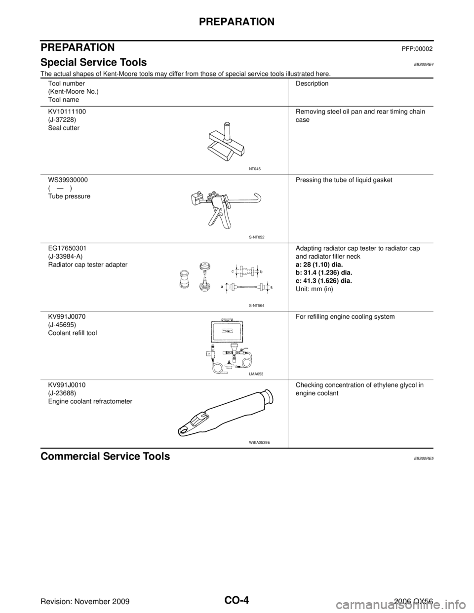 INFINITI QX56 2006  Factory Service Manual CO-4Revision: November 2009
PREPARATION
2006 QX56
PREPARATIONPFP:00002
Special Service ToolsEBS00RE4
The actual shapes of Kent-Moore tools may differ from those of special service tools illustrated he