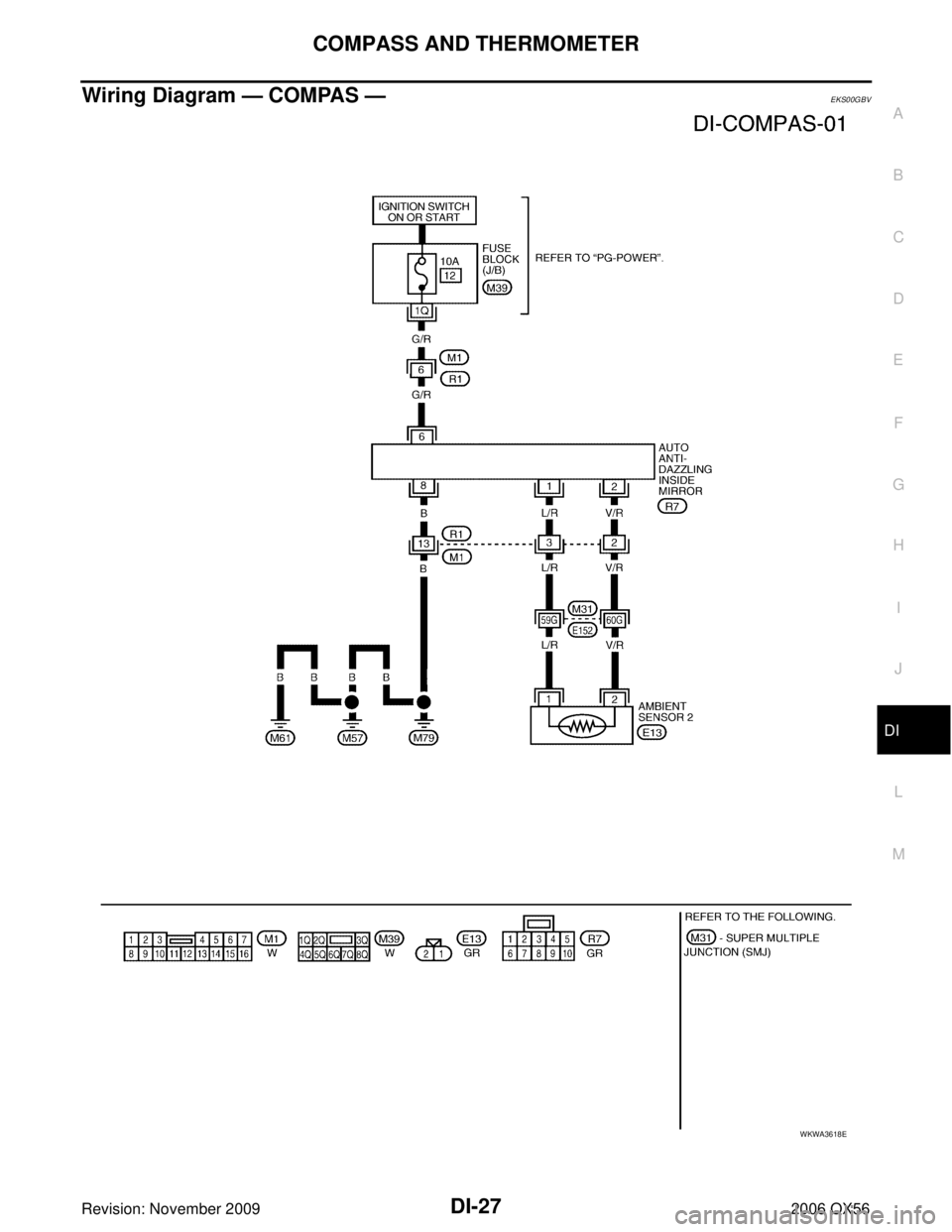 INFINITI QX56 2006  Factory Service Manual COMPASS AND THERMOMETERDI-27
C
DE
F
G H
I
J
L
M A
B
DI
Revision: November 2009 2006 QX56
Wiring Diagram — COMPAS —EKS00GBV
WKWA3618E 