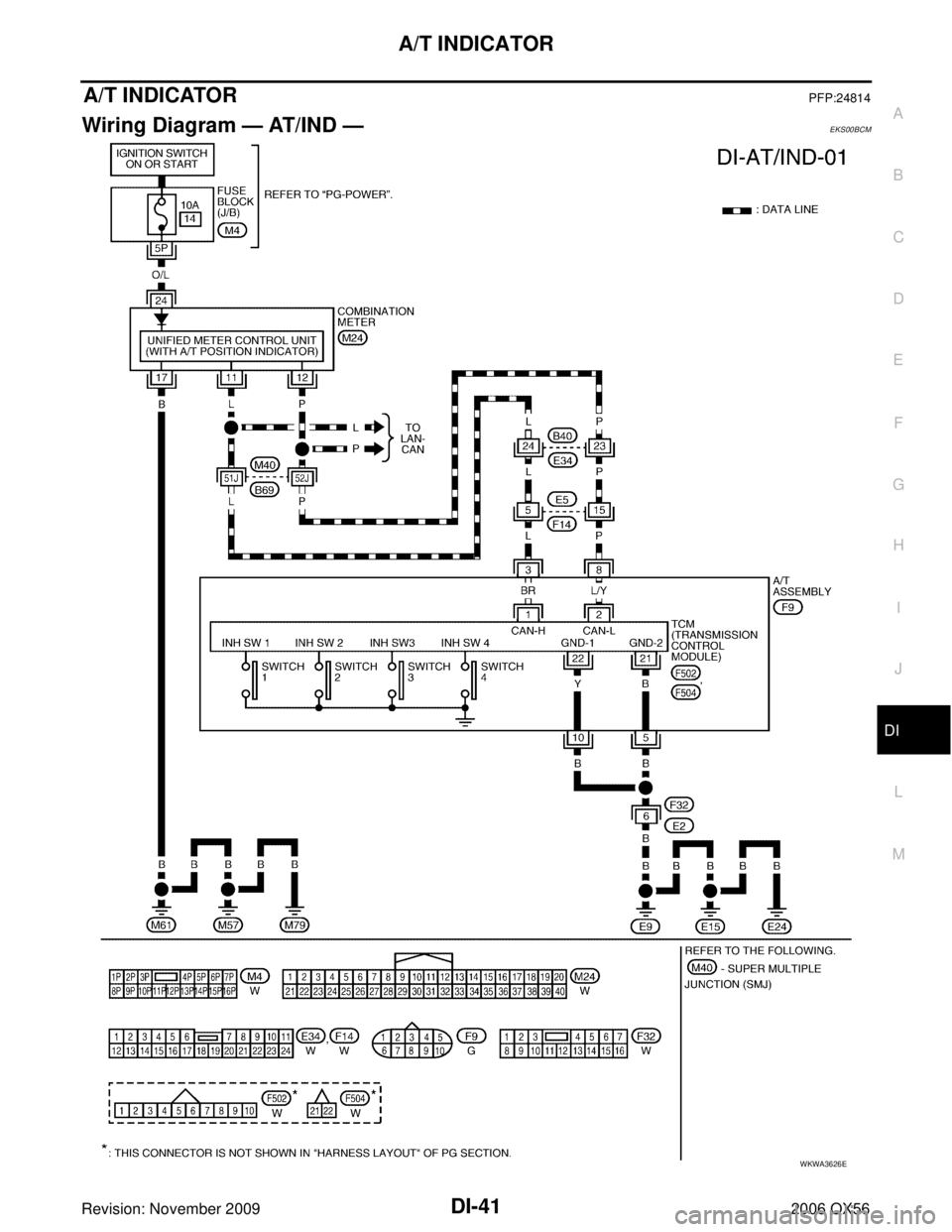INFINITI QX56 2006  Factory Service Manual A/T INDICATORDI-41
C
DE
F
G H
I
J
L
M A
B
DI
Revision: November 2009 2006 QX56
A/T INDICATORPFP:24814
Wiring Diagram — AT/IND —EKS00BCM
WKWA3626E 