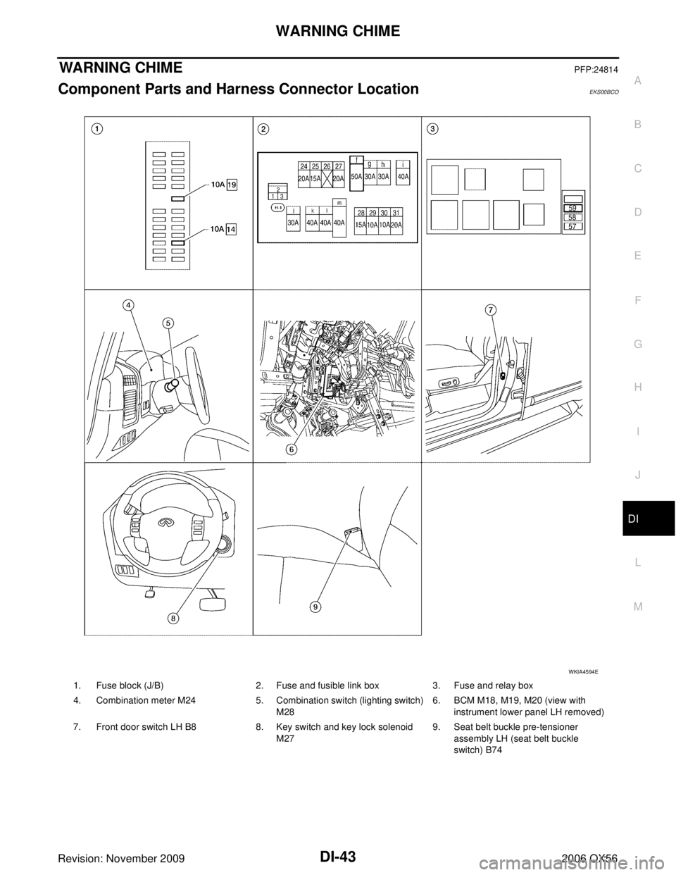 INFINITI QX56 2006  Factory Service Manual WARNING CHIMEDI-43
C
DE
F
G H
I
J
L
M A
B
DI
Revision: November 2009 2006 QX56
WARNING CHIMEPFP:24814
Component Parts and Harness Connector LocationEKS00BCO
1. Fuse block (J/B)2. Fuse and fusible link