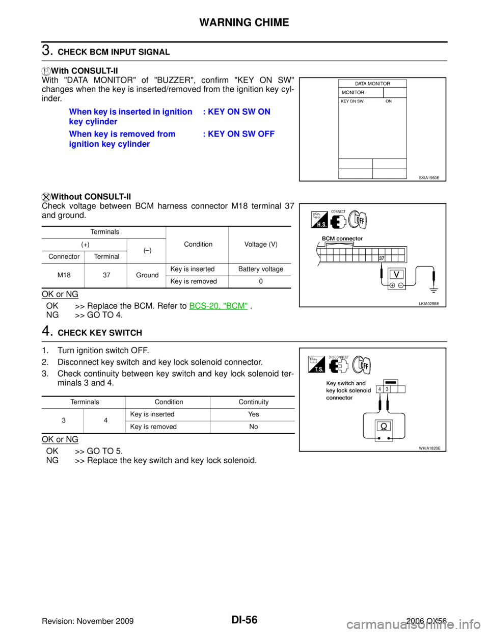 INFINITI QX56 2006  Factory Service Manual DI-56
WARNING CHIME
Revision: November 20092006 QX56
3. CHECK BCM INPUT SIGNAL
With CONSULT-II
With "DATA MONITOR" of "BUZZER", confirm "KEY ON SW"
changes when the key is inserted/removed from the ig
