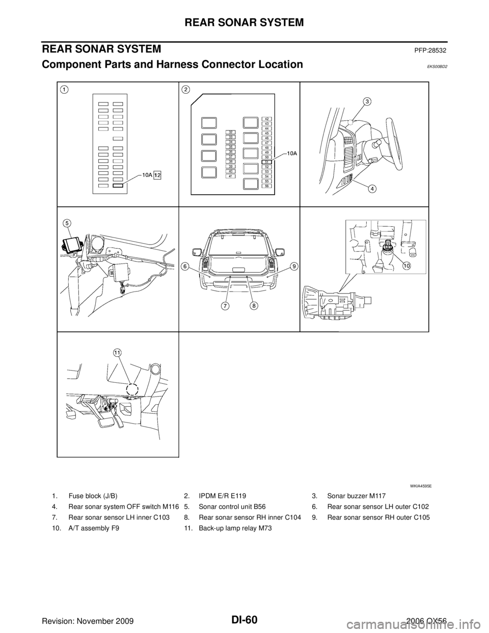 INFINITI QX56 2006  Factory Service Manual DI-60
REAR SONAR SYSTEM
Revision: November 20092006 QX56
REAR SONAR SYSTEMPFP:28532
Component Parts and Harness Connector LocationEKS00BD2
1. Fuse block (J/B)2. IPDM E/R E1193. Sonar buzzer M117
4. Re