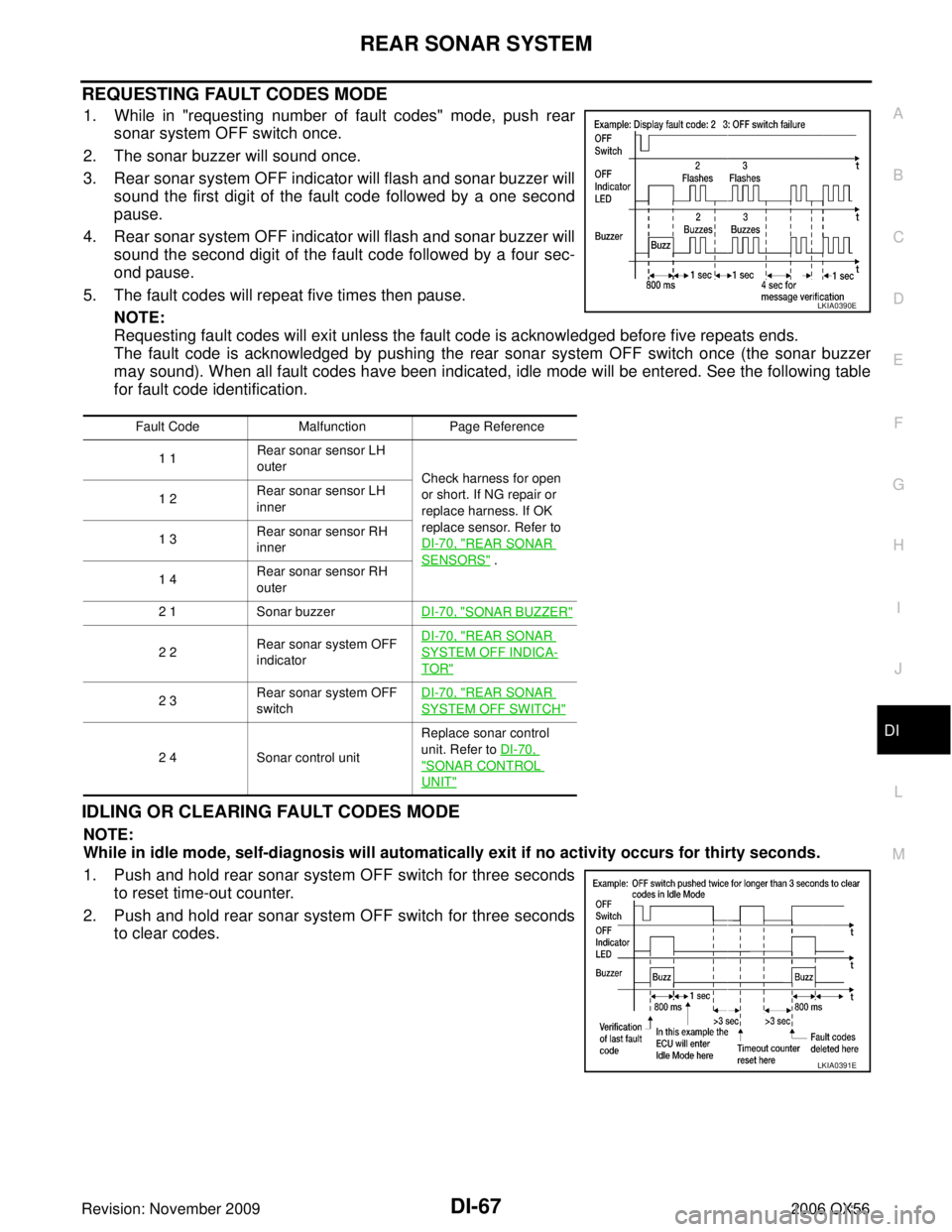 INFINITI QX56 2006 Factory Service Manual REAR SONAR SYSTEMDI-67
C
DE
F
G H
I
J
L
M A
B
DI
Revision: November 2009 2006 QX56
REQUESTING FAULT CODES MODE
1. While in "requesting number of fault codes" mode, push rear
sonar system OFF switch on INFINITI QX56 2006 Factory Service Manual REAR SONAR SYSTEMDI-67
C
DE
F
G H
I
J
L
M A
B
DI
Revision: November 2009 2006 QX56
REQUESTING FAULT CODES MODE
1. While in "requesting number of fault codes" mode, push rear
sonar system OFF switch on