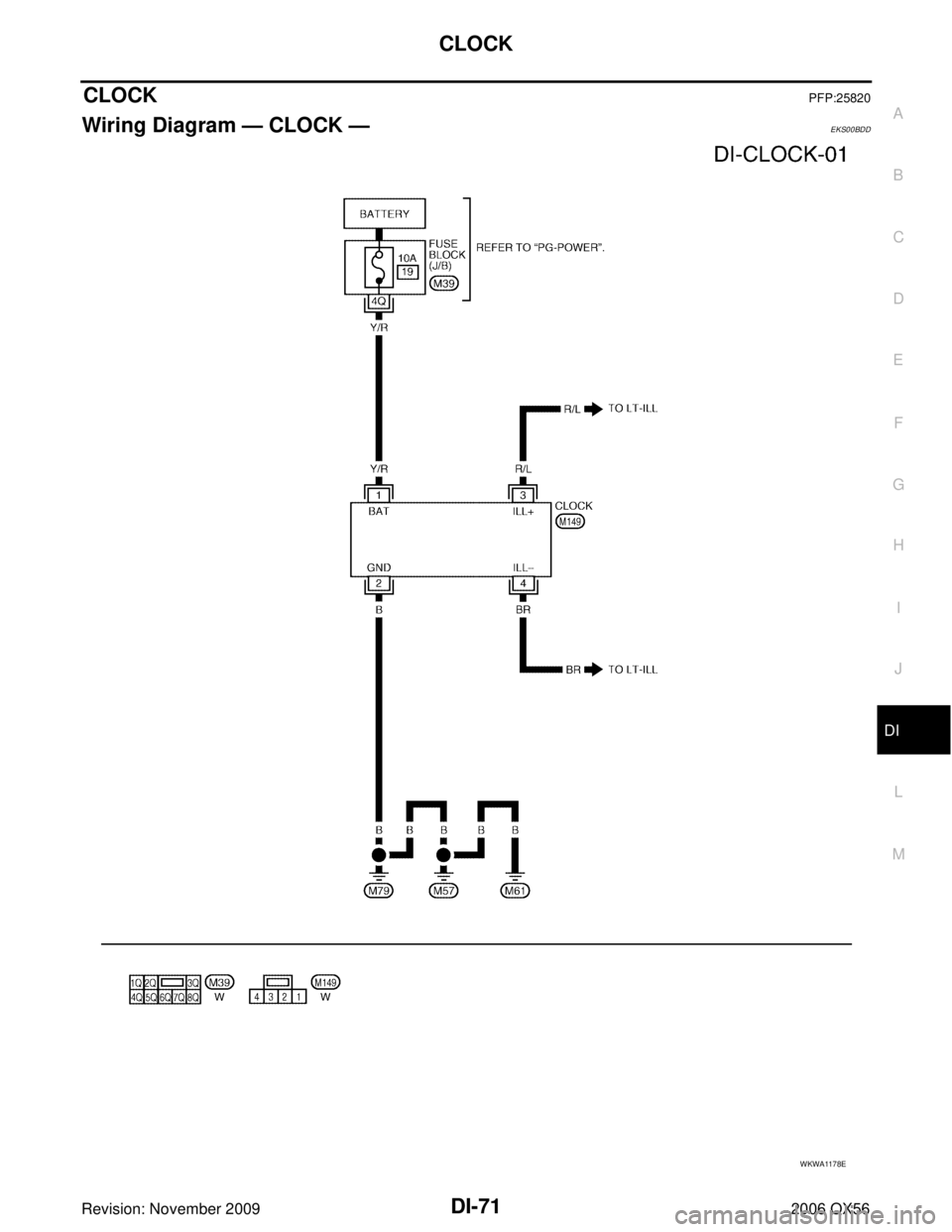 INFINITI QX56 2006  Factory Service Manual CLOCKDI-71
C
DE
F
G H
I
J
L
M A
B
DI
Revision: November 2009 2006 QX56
CLOCKPFP:25820
Wiring Diagram — CLOCK —EKS00BDD
WKWA1178E 