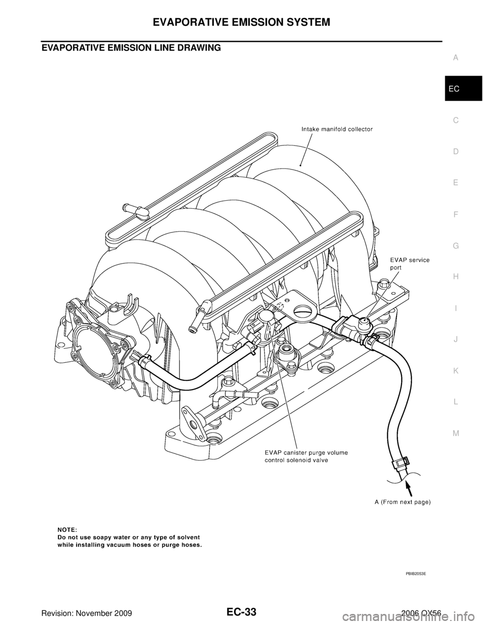 INFINITI QX56 2006  Factory Service Manual EVAPORATIVE EMISSION SYSTEMEC-33
C
DE
F
G H
I
J
K L
M A
EC
Revision: November 2009 2006 QX56
EVAPORATIVE EMISSION LINE DRAWING
PBIB2053E 