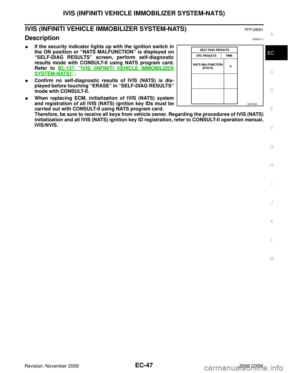 INFINITI QX56 2006 Factory Service Manual IVIS (INFINITI VEHICLE IMMOBILIZER SYSTEM-NATS)EC-47
C
DE
F
G H
I
J
K L
M A
EC
Revision: November 2009 2006 QX56
IVIS (INFINITI VEHICLE IMMOBILIZER SYSTEM-NATS)PFP:28591
DescriptionUBS00L1L
If the se INFINITI QX56 2006 Factory Service Manual IVIS (INFINITI VEHICLE IMMOBILIZER SYSTEM-NATS)EC-47
C
DE
F
G H
I
J
K L
M A
EC
Revision: November 2009 2006 QX56
IVIS (INFINITI VEHICLE IMMOBILIZER SYSTEM-NATS)PFP:28591
DescriptionUBS00L1L
If the se