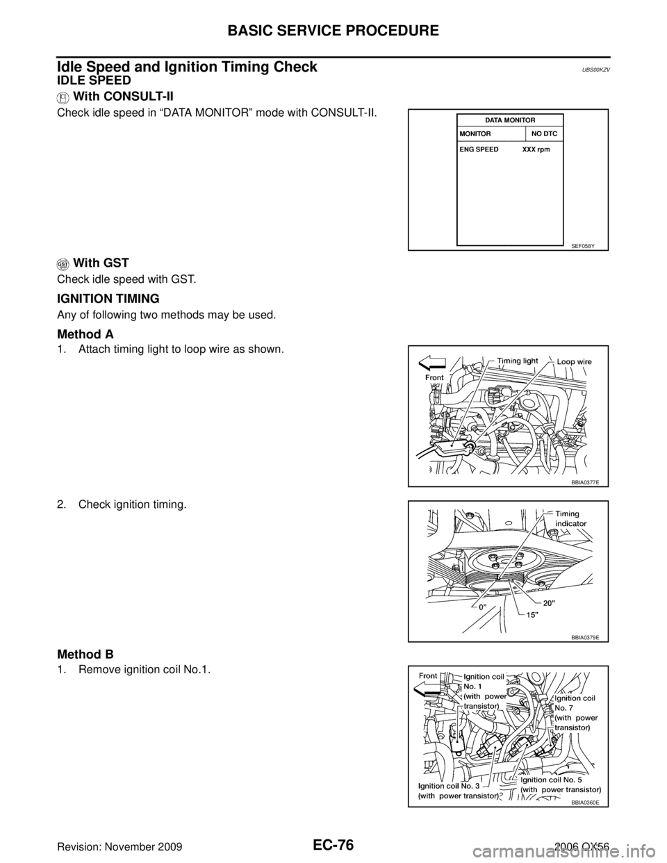 INFINITI QX56 2006  Factory Service Manual EC-76Revision: November 2009
BASIC SERVICE PROCEDURE
2006 QX56
Idle Speed and Ignition Timing CheckUBS00KZV
IDLE SPEED With CONSULT-II
Check idle speed in  “DATA MONITOR” mode with CONSULT-II.
 Wi