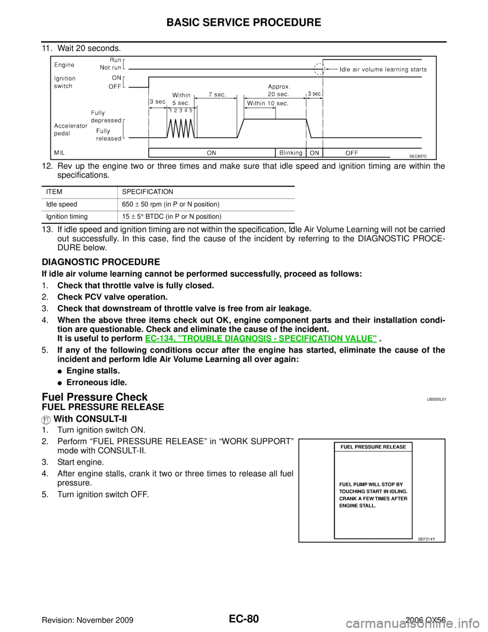 INFINITI QX56 2006 Factory Service Manual EC-80Revision: November 2009
BASIC SERVICE PROCEDURE
2006 QX56
11. Wait 20 seconds.
12. Rev up the engine two or three times and make sure that idle speed and ignition timing are within thespecificati INFINITI QX56 2006 Factory Service Manual EC-80Revision: November 2009
BASIC SERVICE PROCEDURE
2006 QX56
11. Wait 20 seconds.
12. Rev up the engine two or three times and make sure that idle speed and ignition timing are within thespecificati