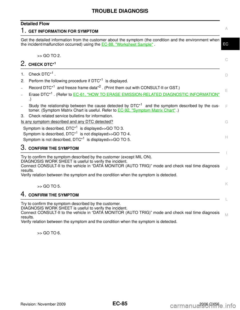 INFINITI QX56 2006 Factory Service Manual TROUBLE DIAGNOSISEC-85
C
DE
F
G H
I
J
K L
M A
EC
Revision: November 2009 2006 QX56
Detailed Flow
1. GET INFORMATION FOR SYMPTOM
Get the detailed information from the customer about the symptom (the co INFINITI QX56 2006 Factory Service Manual TROUBLE DIAGNOSISEC-85
C
DE
F
G H
I
J
K L
M A
EC
Revision: November 2009 2006 QX56
Detailed Flow
1. GET INFORMATION FOR SYMPTOM
Get the detailed information from the customer about the symptom (the co