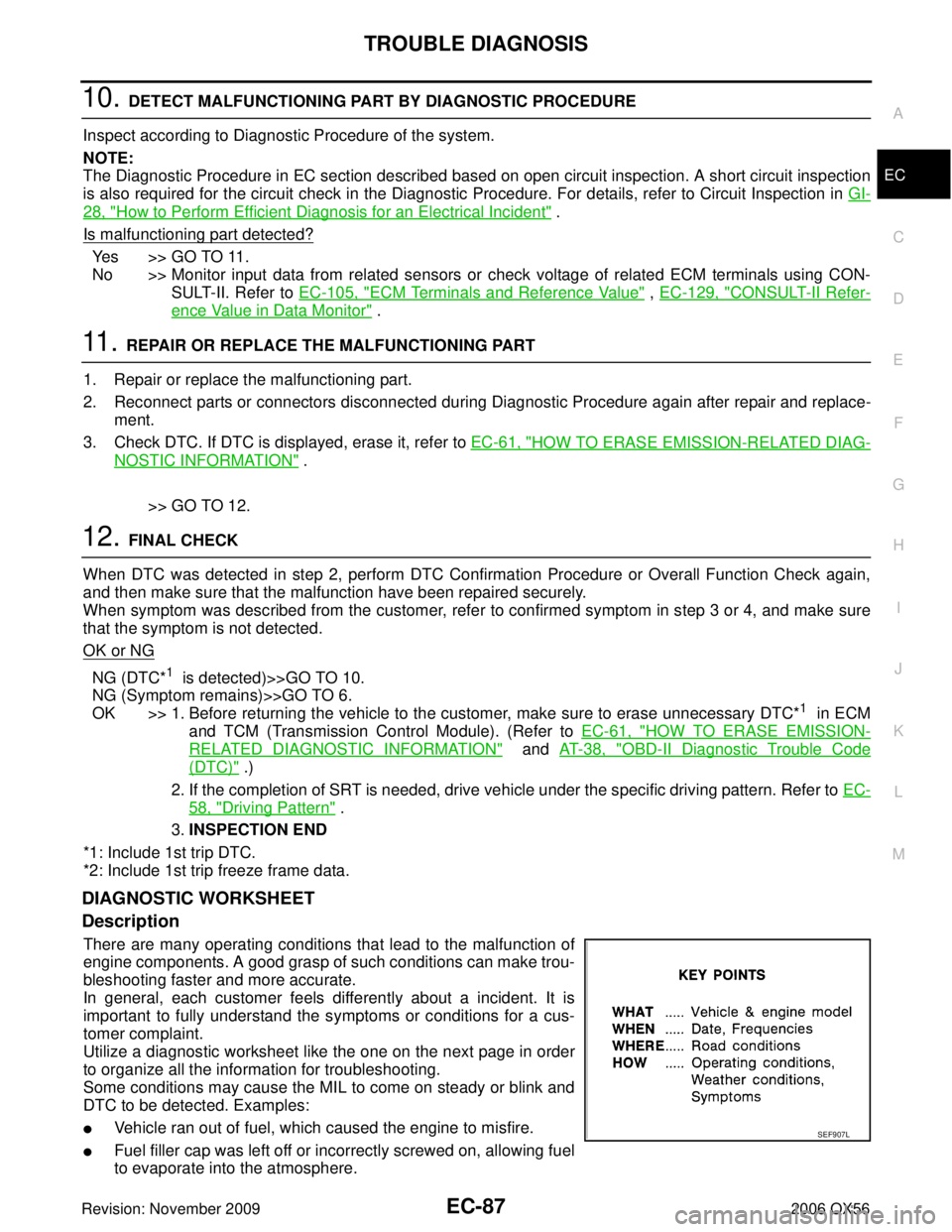 INFINITI QX56 2006 Factory Service Manual TROUBLE DIAGNOSISEC-87
C
DE
F
G H
I
J
K L
M A
EC
Revision: November 2009 2006 QX56
10. DETECT MALFUNCTIONING PART BY DIAGNOSTIC PROCEDURE
Inspect according to Diagnostic Procedure of the system.
NOTE: INFINITI QX56 2006 Factory Service Manual TROUBLE DIAGNOSISEC-87
C
DE
F
G H
I
J
K L
M A
EC
Revision: November 2009 2006 QX56
10. DETECT MALFUNCTIONING PART BY DIAGNOSTIC PROCEDURE
Inspect according to Diagnostic Procedure of the system.
NOTE: