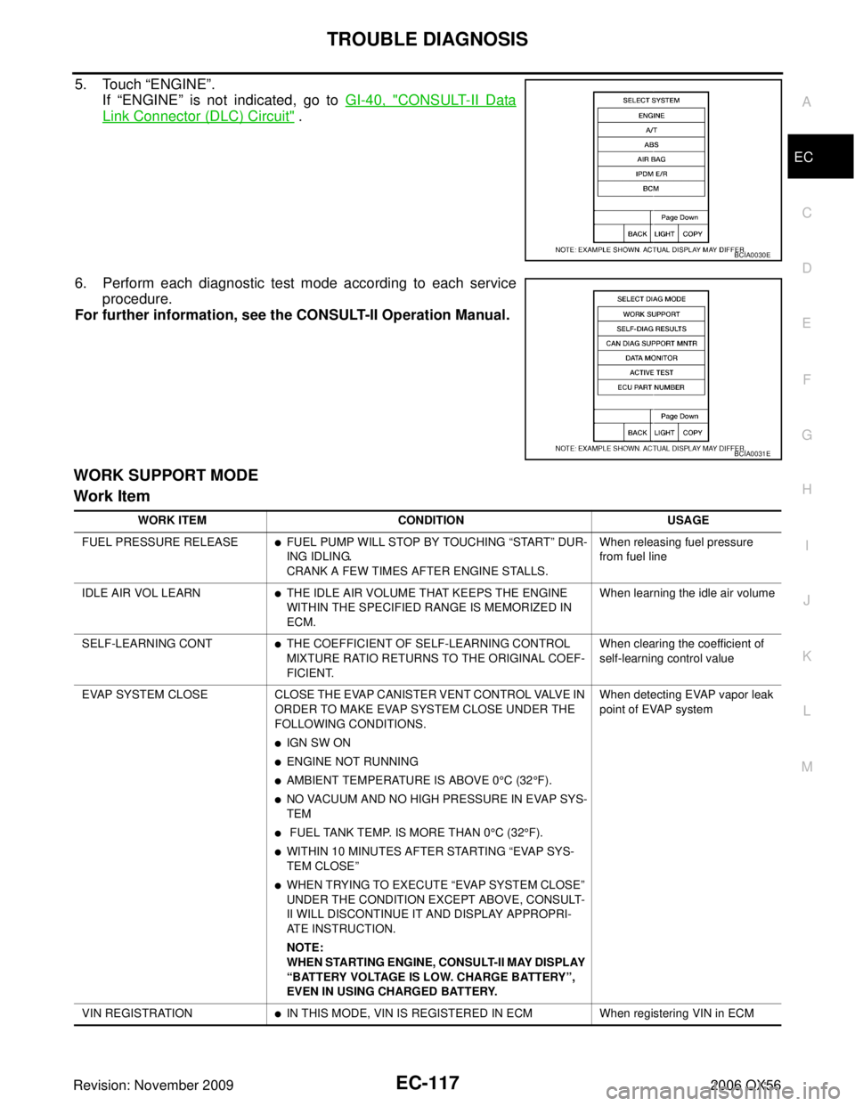 INFINITI QX56 2006  Factory Service Manual TROUBLE DIAGNOSISEC-117
C
DE
F
G H
I
J
K L
M A
EC
Revision: November 2009 2006 QX56
5. Touch “ENGINE”.
If  “ENGINE ” is not indicated, go to GI-40, "
CONSULT-II Data
Link Connector (DLC) Circu