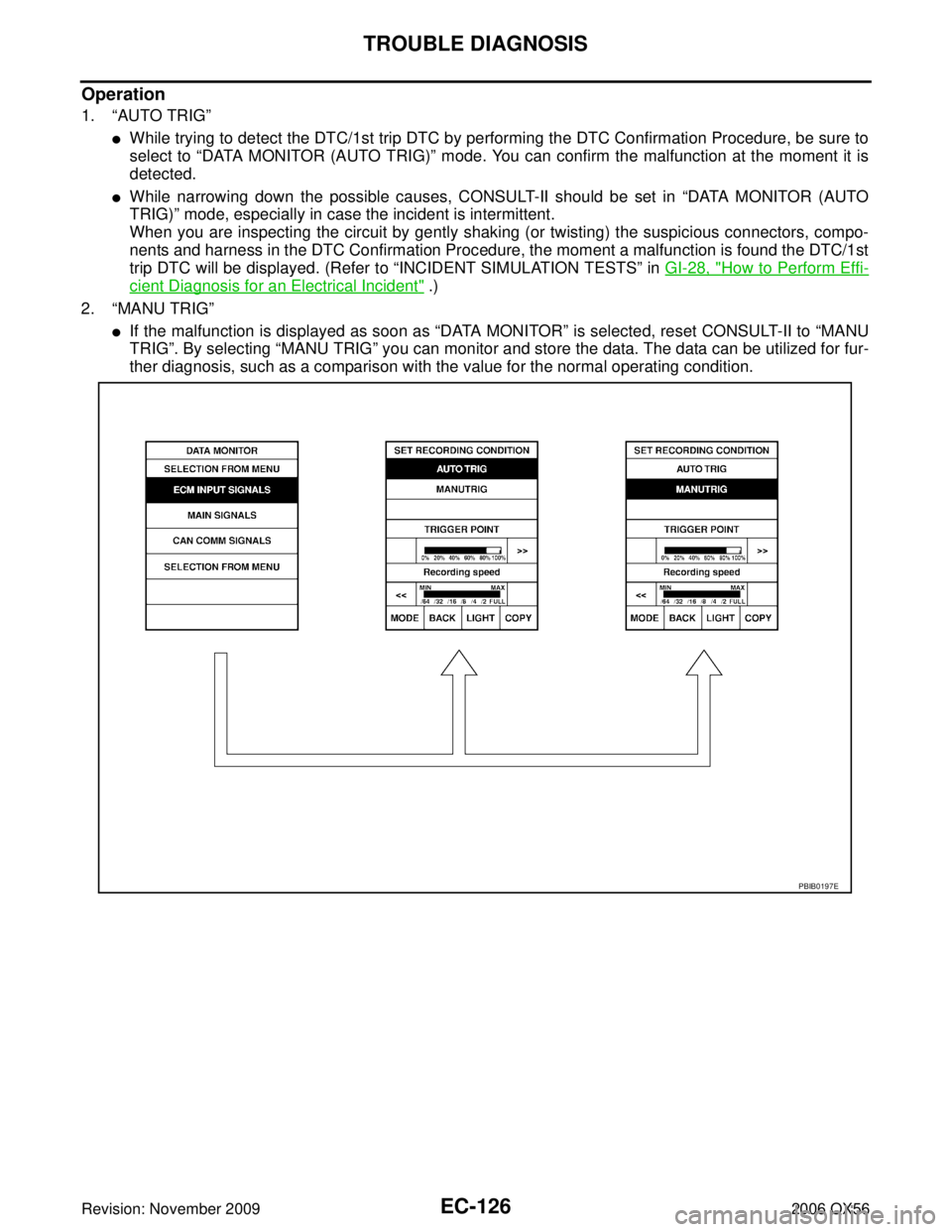 INFINITI QX56 2006  Factory Service Manual EC-126Revision: November 2009
TROUBLE DIAGNOSIS
2006 QX56
Operation
1.“AUTO TRIG ”
While trying to detect the DTC/1st trip DTC by performing the DTC Confirmation Procedure, be sure to
select to 
