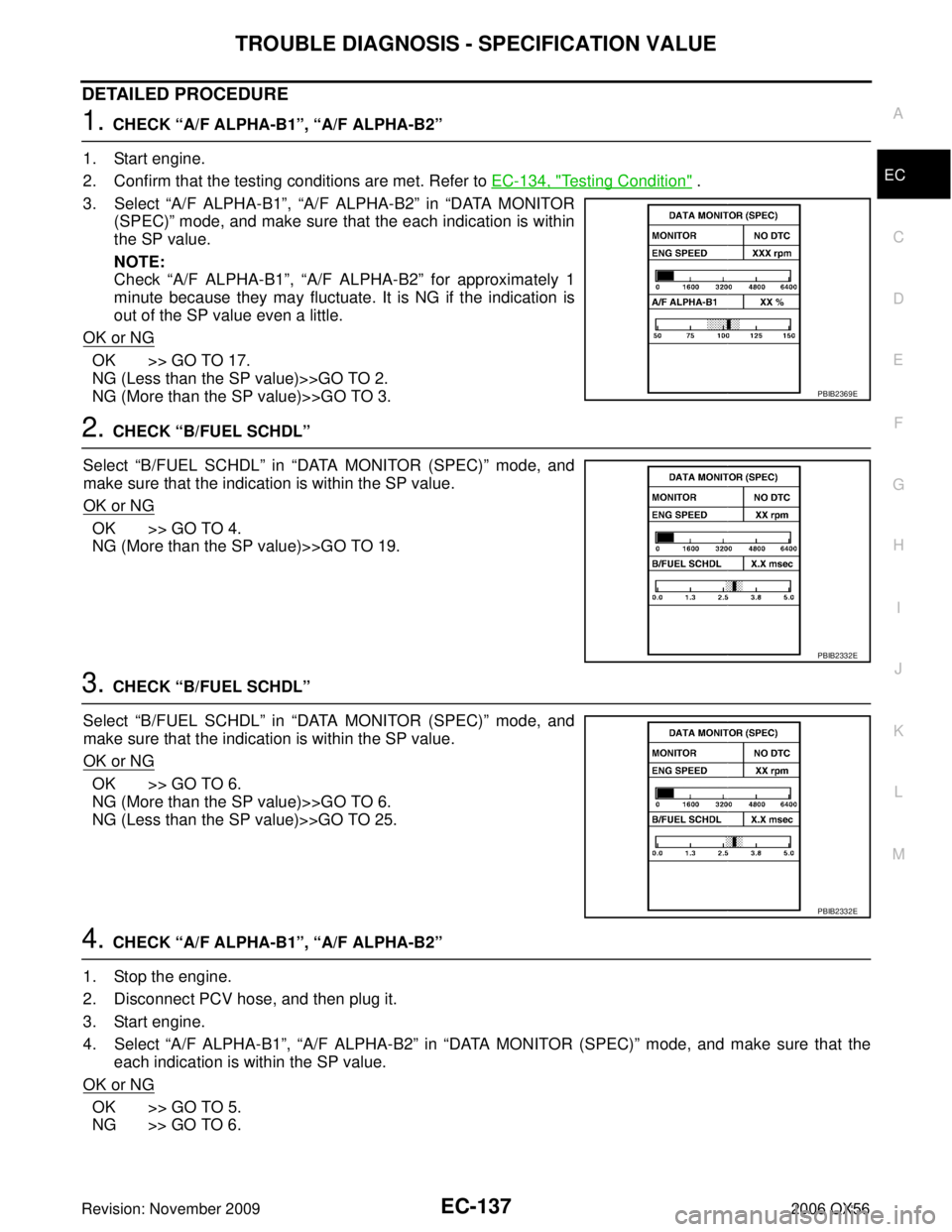 INFINITI QX56 2006  Factory Service Manual TROUBLE DIAGNOSIS - SPECIFICATION VALUEEC-137
C
DE
F
G H
I
J
K L
M A
EC
Revision: November 2009 2006 QX56
DETAILED PROCEDURE
1. CHECK “A/F ALPHA-B1”, “A/F ALPHA-B2”
1. Start engine.
2. Confirm