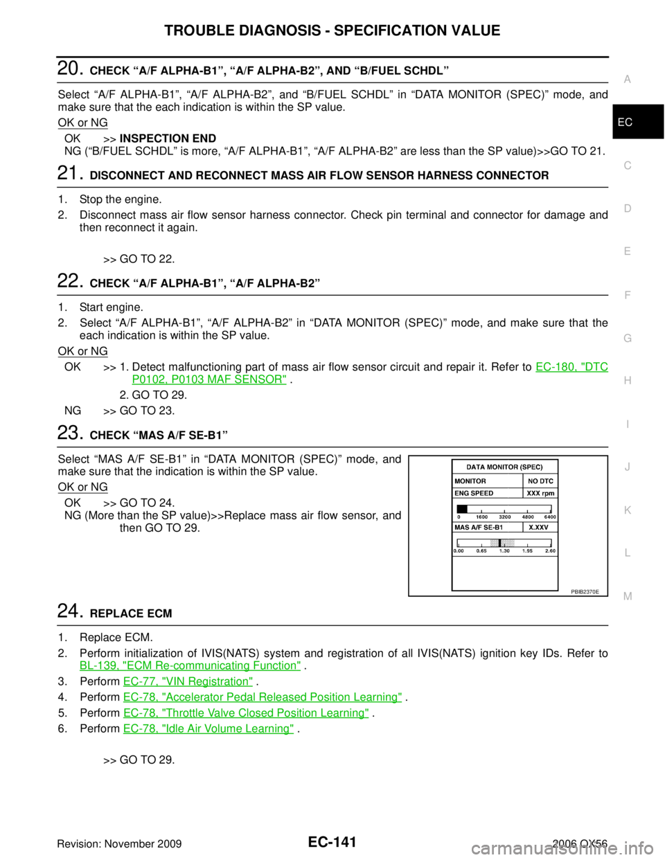 INFINITI QX56 2006  Factory Service Manual TROUBLE DIAGNOSIS - SPECIFICATION VALUEEC-141
C
DE
F
G H
I
J
K L
M A
EC
Revision: November 2009 2006 QX56
20. CHECK “A/F ALPHA-B1”, “A/F ALPHA-B2”, AND “B/FUEL SCHDL”
Select  “A/F ALPHA-