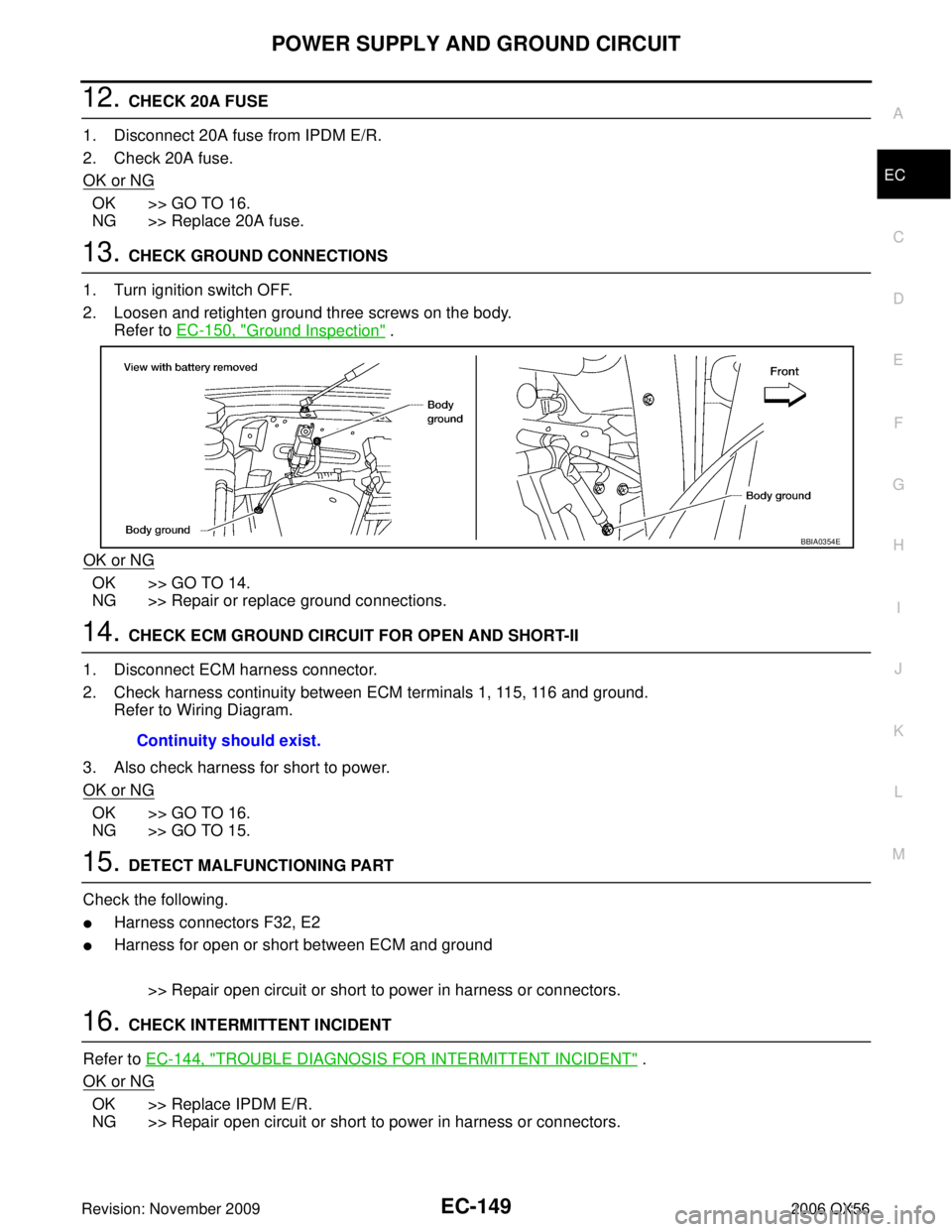 INFINITI QX56 2006 Factory Service Manual POWER SUPPLY AND GROUND CIRCUITEC-149
C
DE
F
G H
I
J
K L
M A
EC
Revision: November 2009 2006 QX56
12. CHECK 20A FUSE
1. Disconnect 20A fuse from IPDM E/R.
2. Check 20A fuse.
OK or NG
OK >> GO TO 16.
N INFINITI QX56 2006 Factory Service Manual POWER SUPPLY AND GROUND CIRCUITEC-149
C
DE
F
G H
I
J
K L
M A
EC
Revision: November 2009 2006 QX56
12. CHECK 20A FUSE
1. Disconnect 20A fuse from IPDM E/R.
2. Check 20A fuse.
OK or NG
OK >> GO TO 16.
N