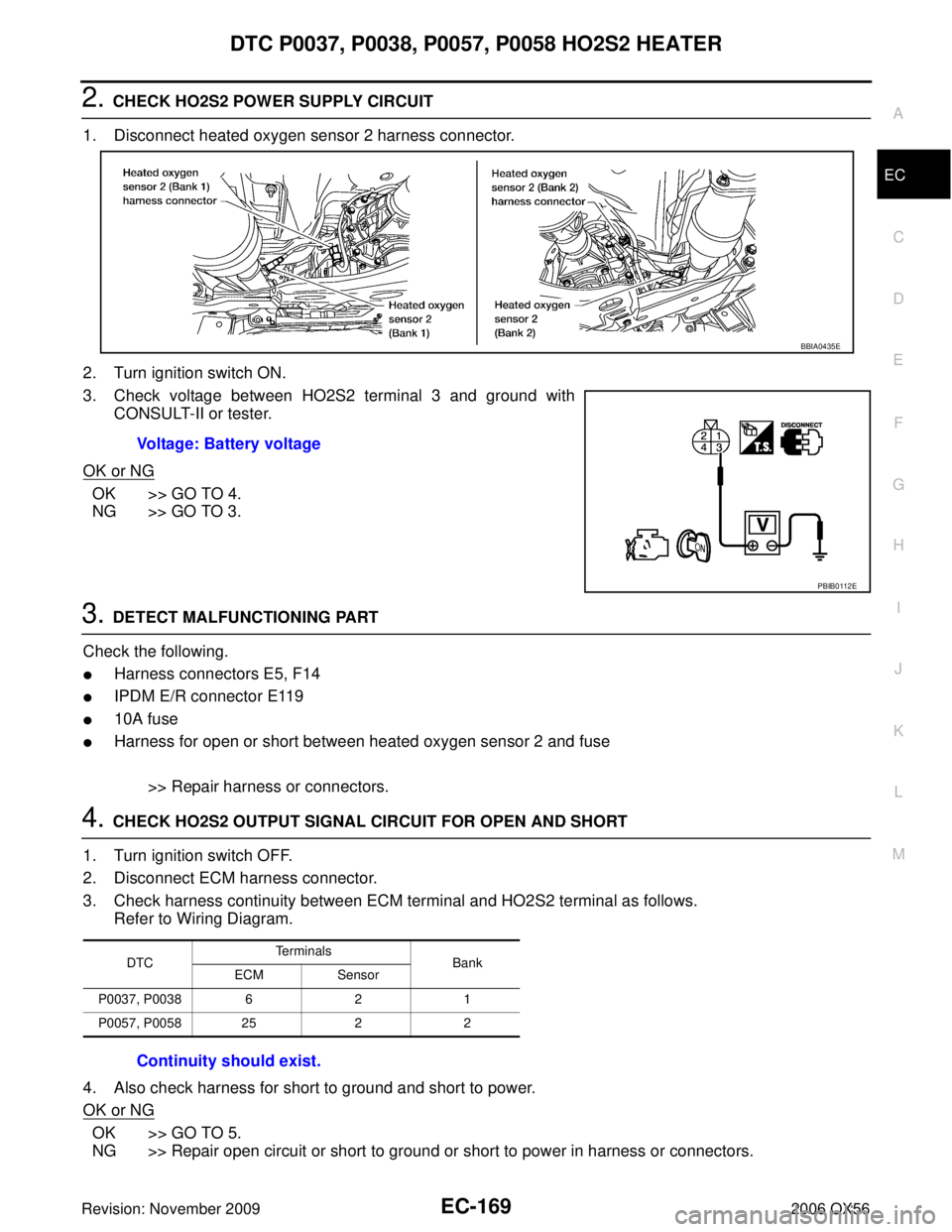 INFINITI QX56 2006 Factory Service Manual DTC P0037, P0038, P0057, P0058 HO2S2 HEATEREC-169
C
DE
F
G H
I
J
K L
M A
EC
Revision: November 2009 2006 QX56
2. CHECK HO2S2 POWER SUPPLY CIRCUIT
1. Disconnect heated oxygen sensor 2 harness connector INFINITI QX56 2006 Factory Service Manual DTC P0037, P0038, P0057, P0058 HO2S2 HEATEREC-169
C
DE
F
G H
I
J
K L
M A
EC
Revision: November 2009 2006 QX56
2. CHECK HO2S2 POWER SUPPLY CIRCUIT
1. Disconnect heated oxygen sensor 2 harness connector