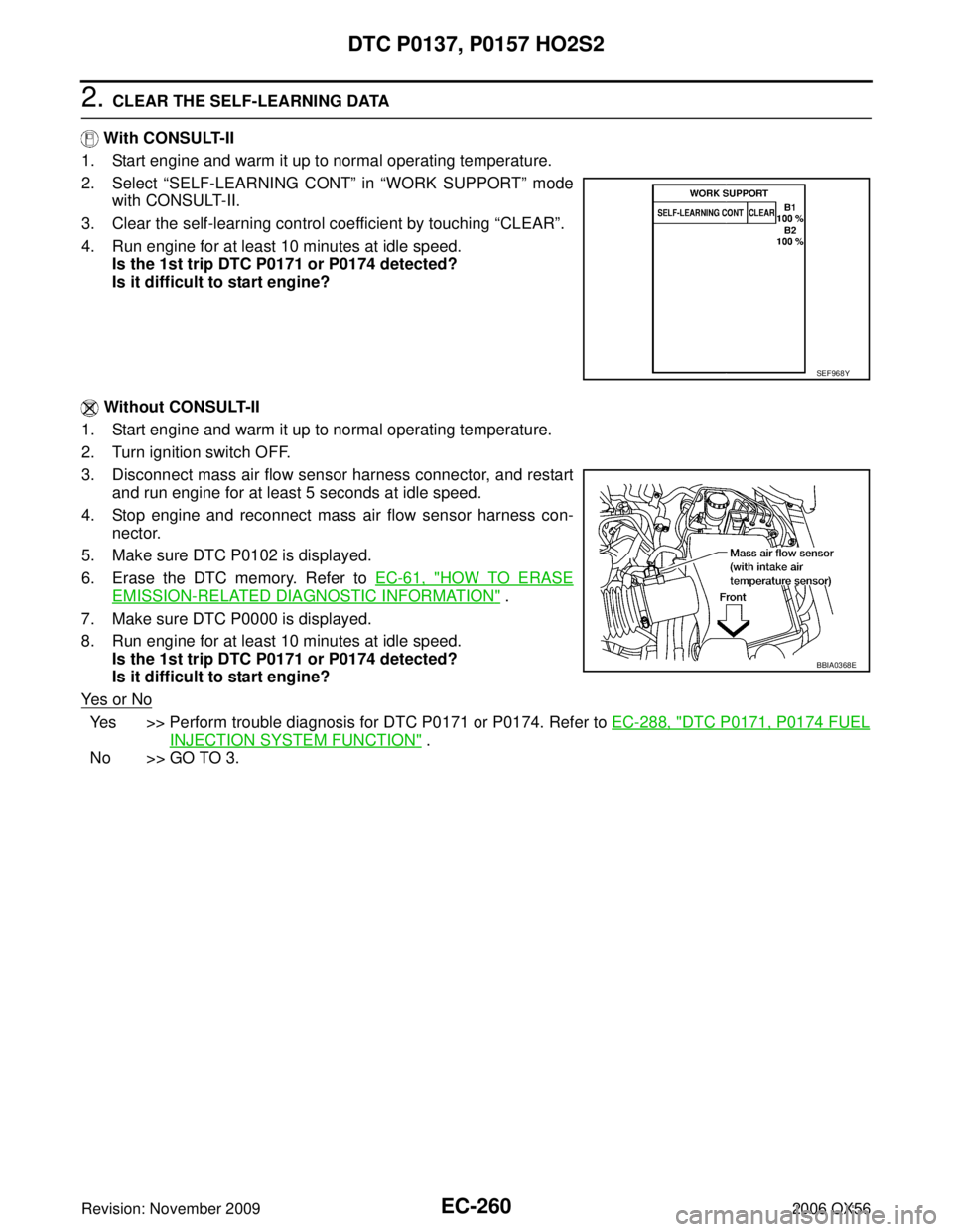 INFINITI QX56 2006 Factory Service Manual EC-260Revision: November 2009
DTC P0137, P0157 HO2S2
2006 QX56
2. CLEAR THE SELF-LEARNING DATA
With CONSULT-II
1. Start engine and warm it up to normal operating temperature.
2. Select “SELF-LEAR INFINITI QX56 2006 Factory Service Manual EC-260Revision: November 2009
DTC P0137, P0157 HO2S2
2006 QX56
2. CLEAR THE SELF-LEARNING DATA
With CONSULT-II
1. Start engine and warm it up to normal operating temperature.
2. Select “SELF-LEAR