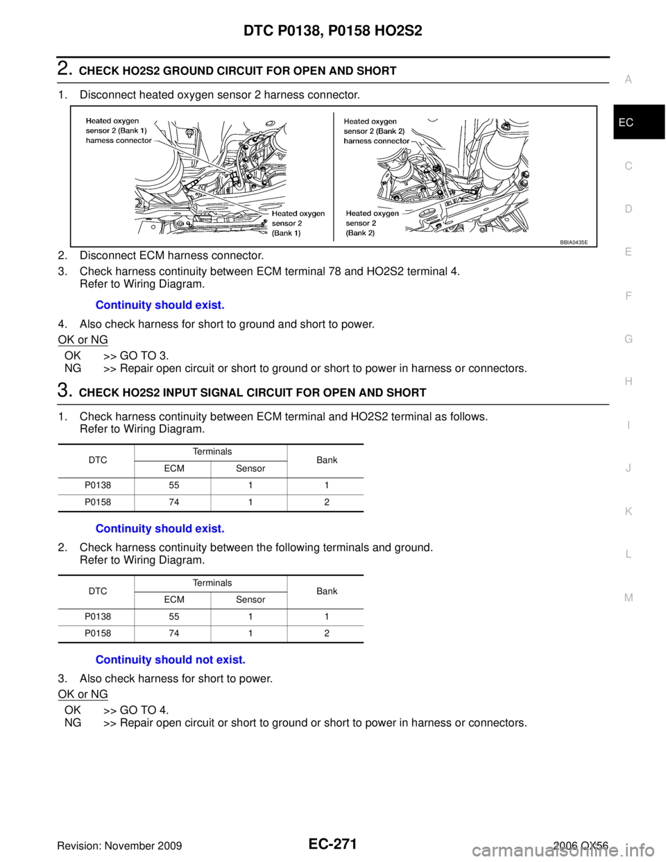 INFINITI QX56 2006 Factory Service Manual DTC P0138, P0158 HO2S2EC-271
C
DE
F
G H
I
J
K L
M A
EC
Revision: November 2009 2006 QX56
2. CHECK HO2S2 GROUND CIRCUIT FOR OPEN AND SHORT
1. Disconnect heated oxygen sensor 2 harness connector.
2. Dis INFINITI QX56 2006 Factory Service Manual DTC P0138, P0158 HO2S2EC-271
C
DE
F
G H
I
J
K L
M A
EC
Revision: November 2009 2006 QX56
2. CHECK HO2S2 GROUND CIRCUIT FOR OPEN AND SHORT
1. Disconnect heated oxygen sensor 2 harness connector.
2. Dis