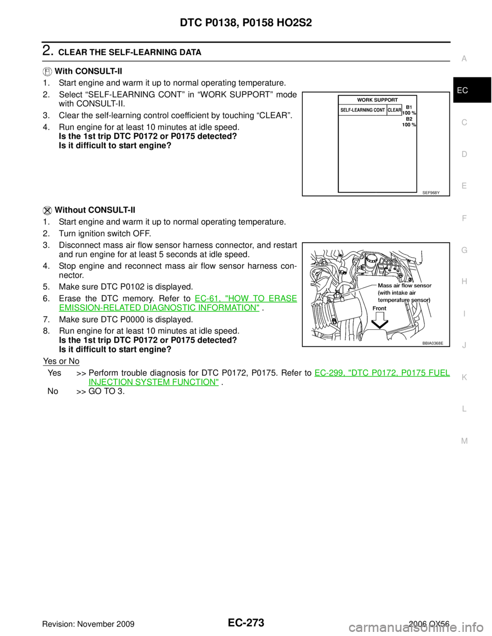 INFINITI QX56 2006 Factory Service Manual DTC P0138, P0158 HO2S2EC-273
C
DE
F
G H
I
J
K L
M A
EC
Revision: November 2009 2006 QX56
2. CLEAR THE SELF-LEARNING DATA
With CONSULT-II
1. Start engine and warm it up to normal operating temperatur INFINITI QX56 2006 Factory Service Manual DTC P0138, P0158 HO2S2EC-273
C
DE
F
G H
I
J
K L
M A
EC
Revision: November 2009 2006 QX56
2. CLEAR THE SELF-LEARNING DATA
With CONSULT-II
1. Start engine and warm it up to normal operating temperatur