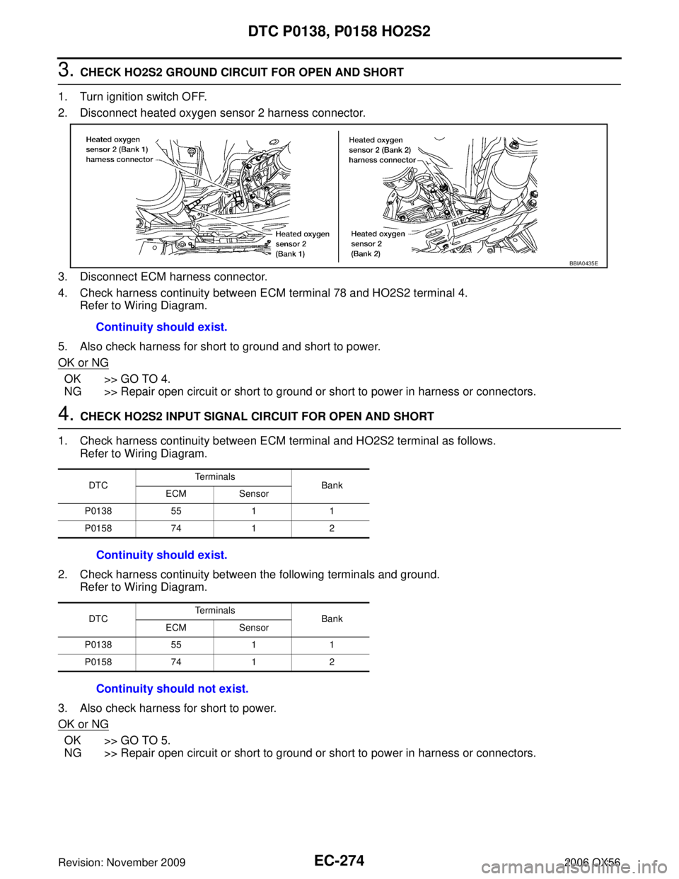 INFINITI QX56 2006 Factory Service Manual EC-274Revision: November 2009
DTC P0138, P0158 HO2S2
2006 QX56
3. CHECK HO2S2 GROUND CIRCUIT FOR OPEN AND SHORT
1. Turn ignition switch OFF.
2. Disconnect heated oxygen sensor 2 harness connector.
3. INFINITI QX56 2006 Factory Service Manual EC-274Revision: November 2009
DTC P0138, P0158 HO2S2
2006 QX56
3. CHECK HO2S2 GROUND CIRCUIT FOR OPEN AND SHORT
1. Turn ignition switch OFF.
2. Disconnect heated oxygen sensor 2 harness connector.
3.