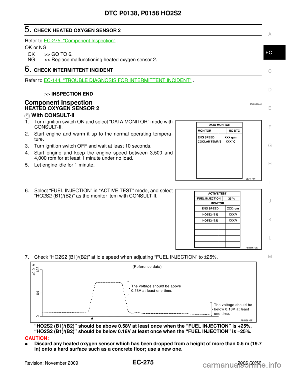 INFINITI QX56 2006 Factory Service Manual DTC P0138, P0158 HO2S2EC-275
C
DE
F
G H
I
J
K L
M A
EC
Revision: November 2009 2006 QX56
5. CHECK HEATED OXYGEN SENSOR 2
Refer to EC-275, "
Component Inspection" .
OK or NG
OK >> GO TO 6.
NG >> Repla INFINITI QX56 2006 Factory Service Manual DTC P0138, P0158 HO2S2EC-275
C
DE
F
G H
I
J
K L
M A
EC
Revision: November 2009 2006 QX56
5. CHECK HEATED OXYGEN SENSOR 2
Refer to EC-275, "
Component Inspection" .
OK or NG
OK >> GO TO 6.
NG >> Repla