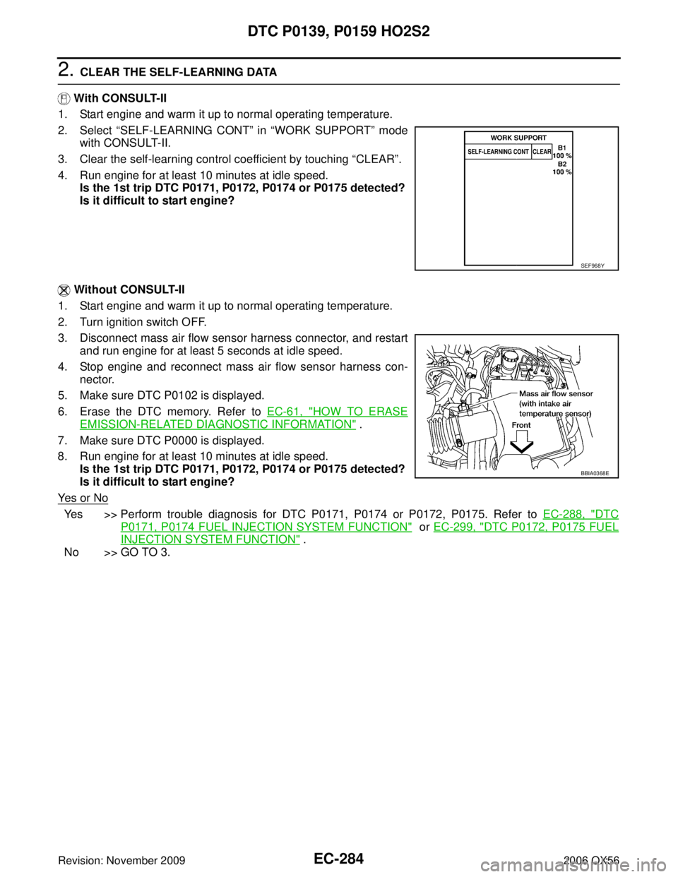 INFINITI QX56 2006 Factory Service Manual EC-284Revision: November 2009
DTC P0139, P0159 HO2S2
2006 QX56
2. CLEAR THE SELF-LEARNING DATA
With CONSULT-II
1. Start engine and warm it up to normal operating temperature.
2. Select “SELF-LEAR INFINITI QX56 2006 Factory Service Manual EC-284Revision: November 2009
DTC P0139, P0159 HO2S2
2006 QX56
2. CLEAR THE SELF-LEARNING DATA
With CONSULT-II
1. Start engine and warm it up to normal operating temperature.
2. Select “SELF-LEAR