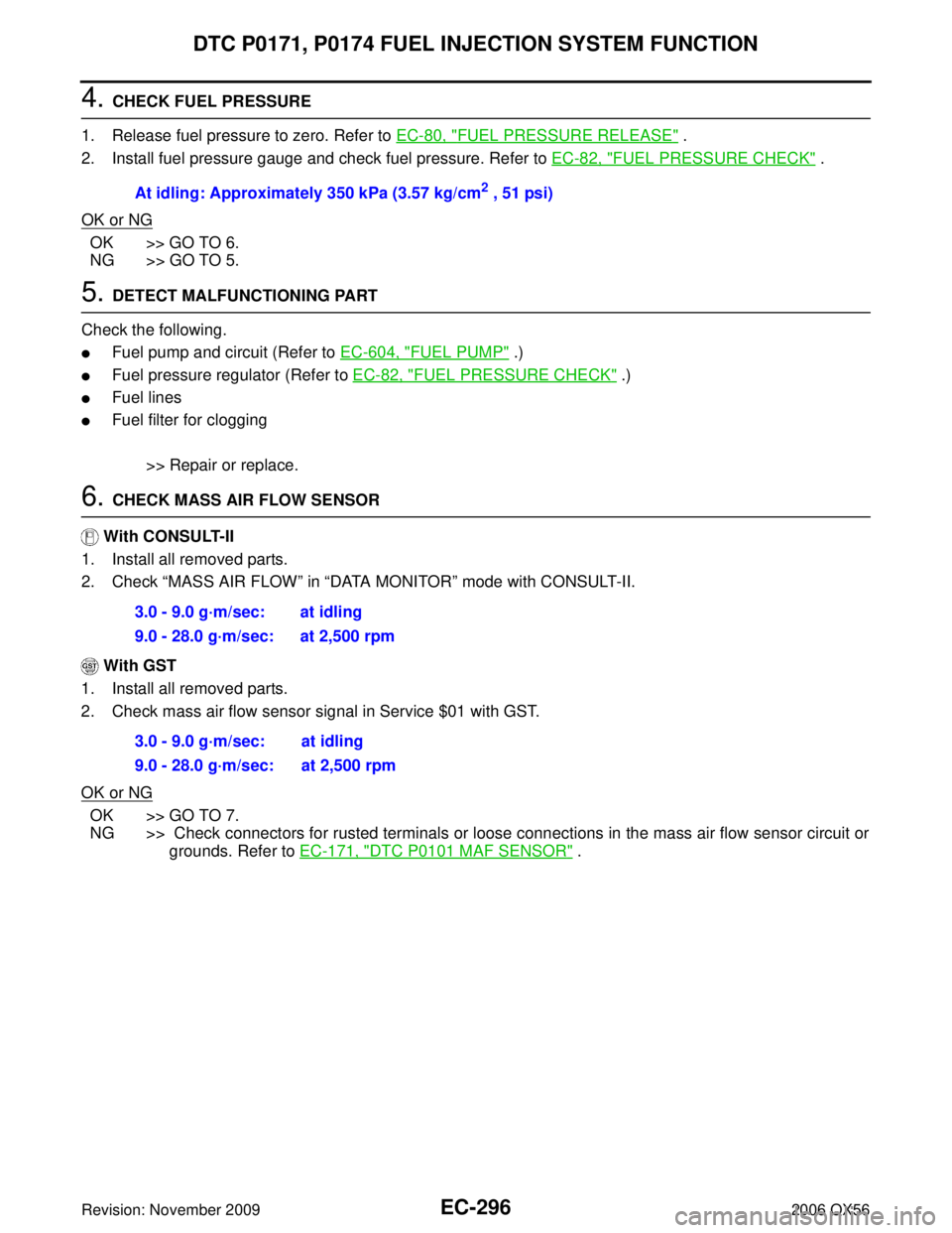 INFINITI QX56 2006 Factory Service Manual EC-296Revision: November 2009
DTC P0171, P0174 FUEL INJECTION SYSTEM FUNCTION
2006 QX56
4. CHECK FUEL PRESSURE
1. Release fuel pressure to zero. Refer to EC-80, "
FUEL PRESSURE RELEASE" .
2. Install INFINITI QX56 2006 Factory Service Manual EC-296Revision: November 2009
DTC P0171, P0174 FUEL INJECTION SYSTEM FUNCTION
2006 QX56
4. CHECK FUEL PRESSURE
1. Release fuel pressure to zero. Refer to EC-80, "
FUEL PRESSURE RELEASE" .
2. Install