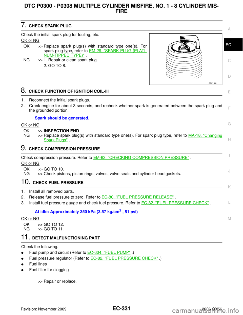 INFINITI QX56 2006  Factory Service Manual DTC P0300 - P0308 MULTIPLE CYLINDER MISFIRE, NO. 1 - 8 CYLINDER MIS-FIRE
EC-331
C
D E
F
G H
I
J
K L
M A
EC
Revision: November 2009 2006 QX56
7. CHECK SPARK PLUG
Check the initial spark plug for foulin