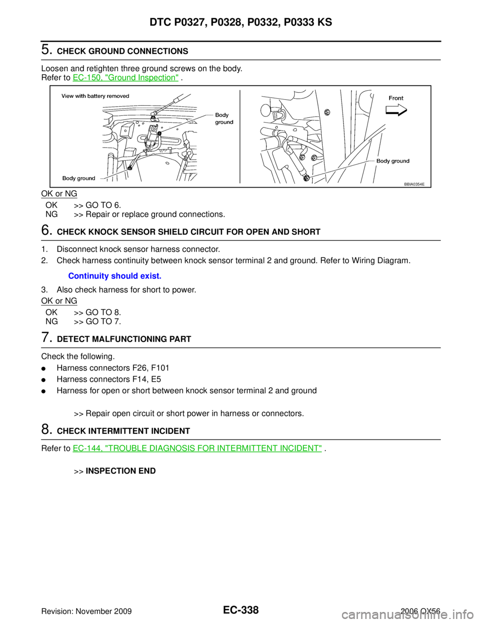 INFINITI QX56 2006  Factory Service Manual EC-338Revision: November 2009
DTC P0327, P0328, P0332, P0333 KS
2006 QX56
5. CHECK GROUND CONNECTIONS
Loosen and retighten three ground screws on the body.
Refer to  EC-150, "
Ground Inspection" .
OK 