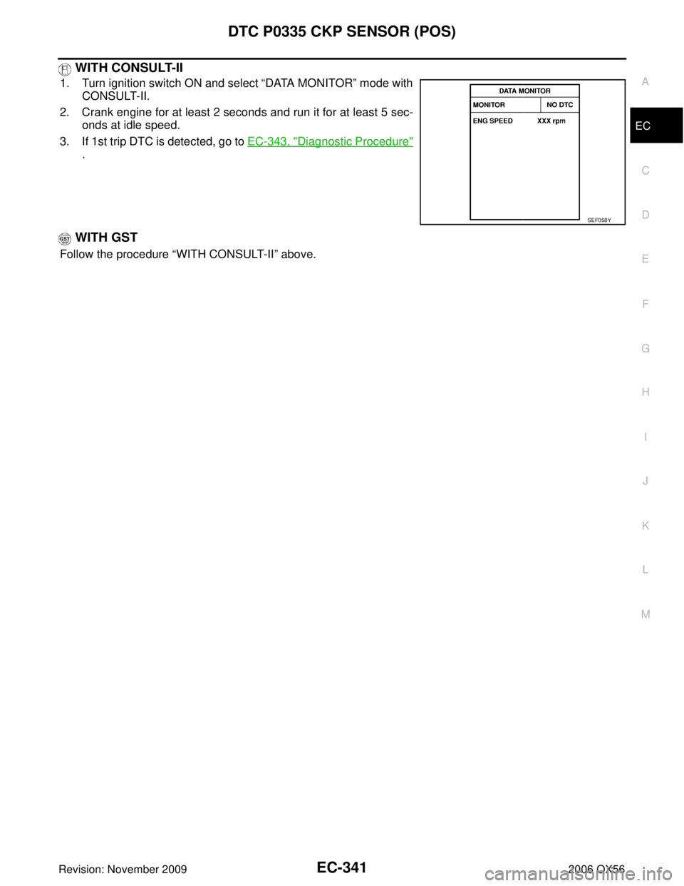 INFINITI QX56 2006  Factory Service Manual DTC P0335 CKP SENSOR (POS)EC-341
C
DE
F
G H
I
J
K L
M A
EC
Revision: November 2009 2006 QX56
 WITH CONSULT-II
1. Turn ignition switch ON and select “DATA MONITOR” mode with
CONSULT-II.
2. Crank en