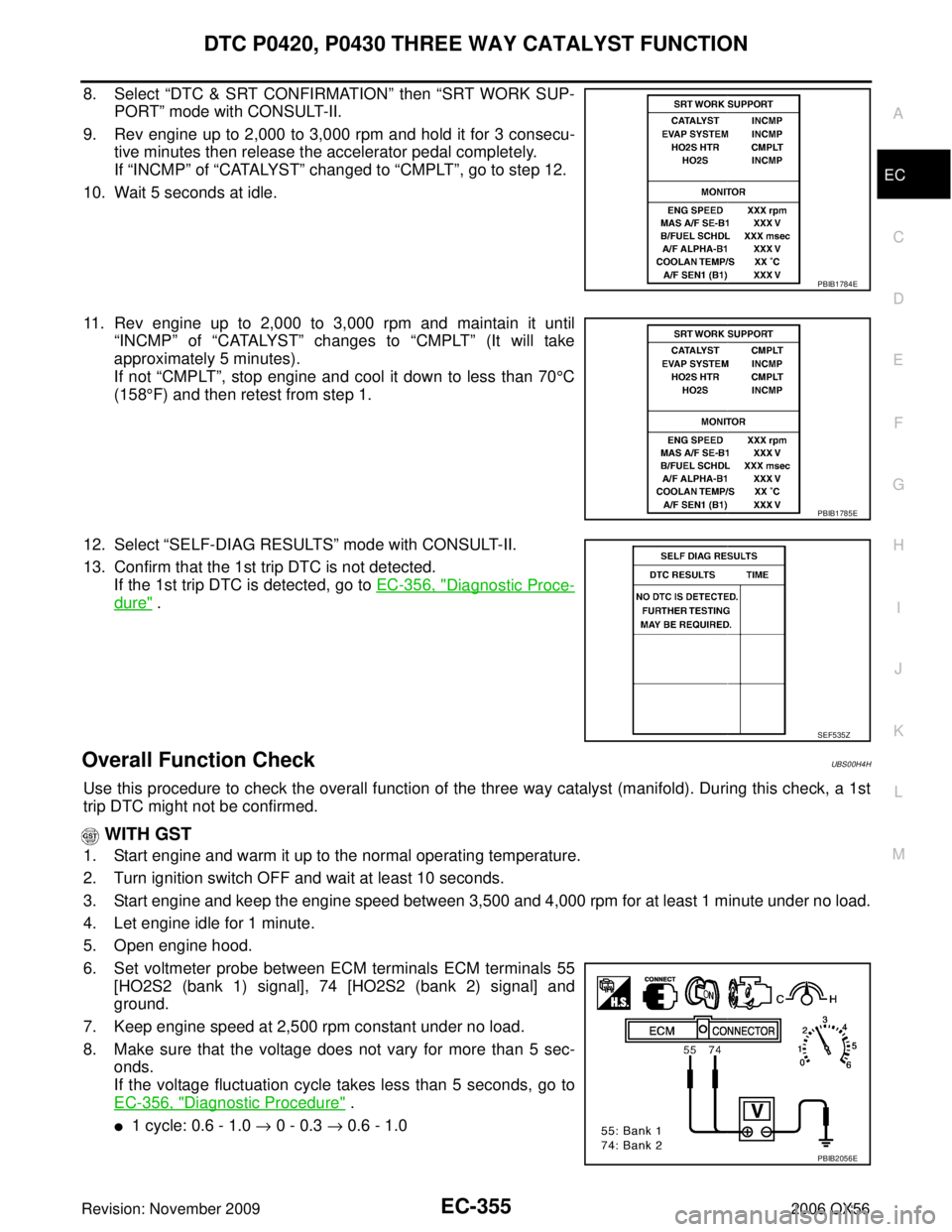 INFINITI QX56 2006  Factory Service Manual DTC P0420, P0430 THREE WAY CATALYST FUNCTIONEC-355
C
DE
F
G H
I
J
K L
M A
EC
Revision: November 2009 2006 QX56
8. Select “DTC & SRT CONFIRMATION ” then “SRT WORK SUP-
PORT ” mode with CONSULT-