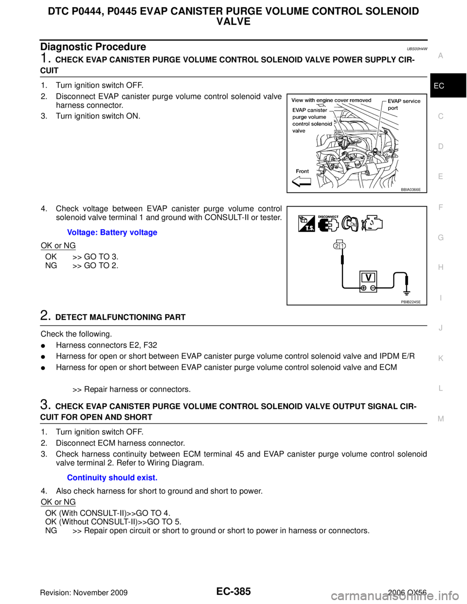 INFINITI QX56 2006  Factory Service Manual DTC P0444, P0445 EVAP CANISTER PURGE VOLUME CONTROL SOLENOID VALVE
EC-385
C
D E
F
G H
I
J
K L
M A
EC
Revision: November 2009 2006 QX56
Diagnostic ProcedureUBS00H4W
1. CHECK EVAP CANISTER PURGE VOLUME 